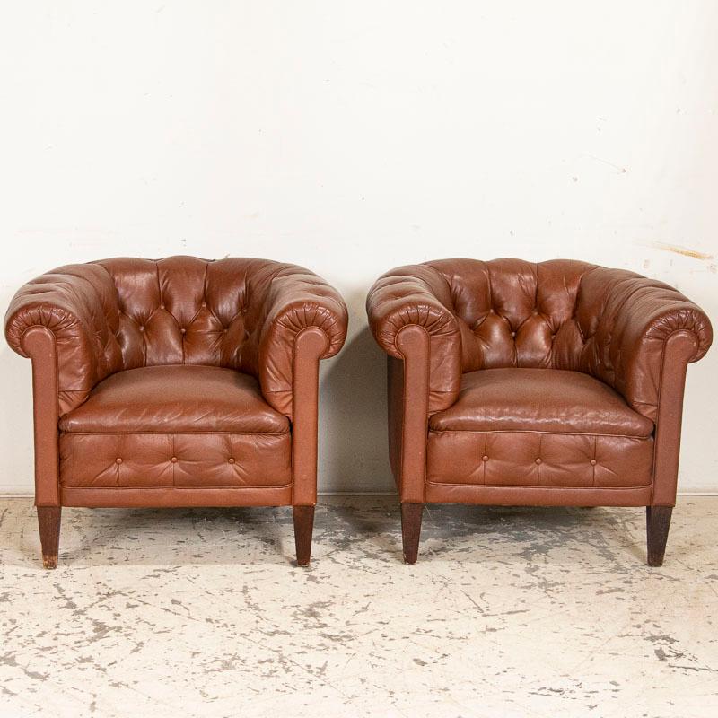 This pair of Chesterfield club chairs are in very good condition for their age, with tan leather and buttons along the tufting in place. The tufted backs are barrel shaped which is both handsome and comfortable, adding to the appeal of the pair.