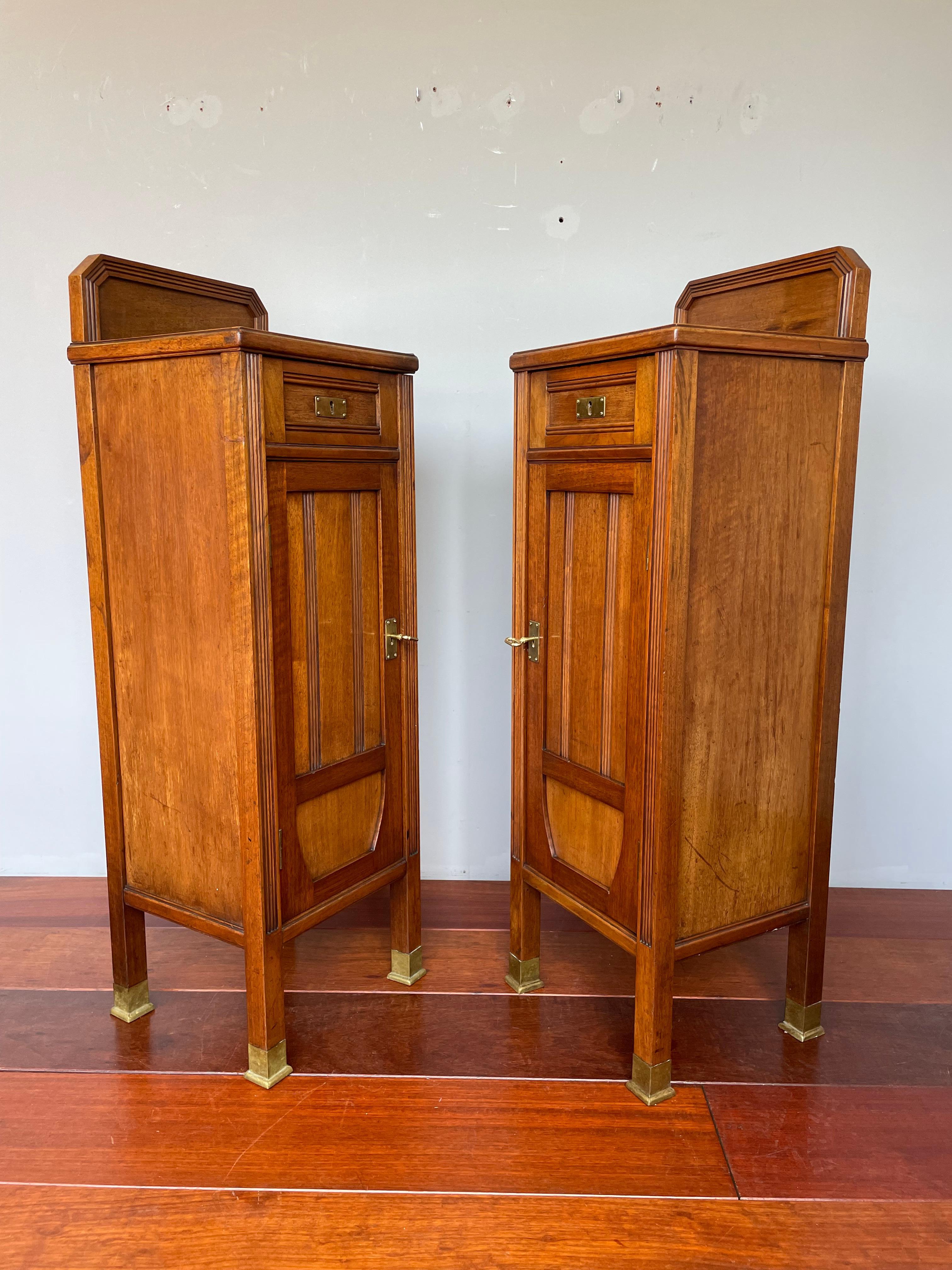 German Antique Pair of Walnut & Brass Arts and Crafts Night Stands / Bedside Tables