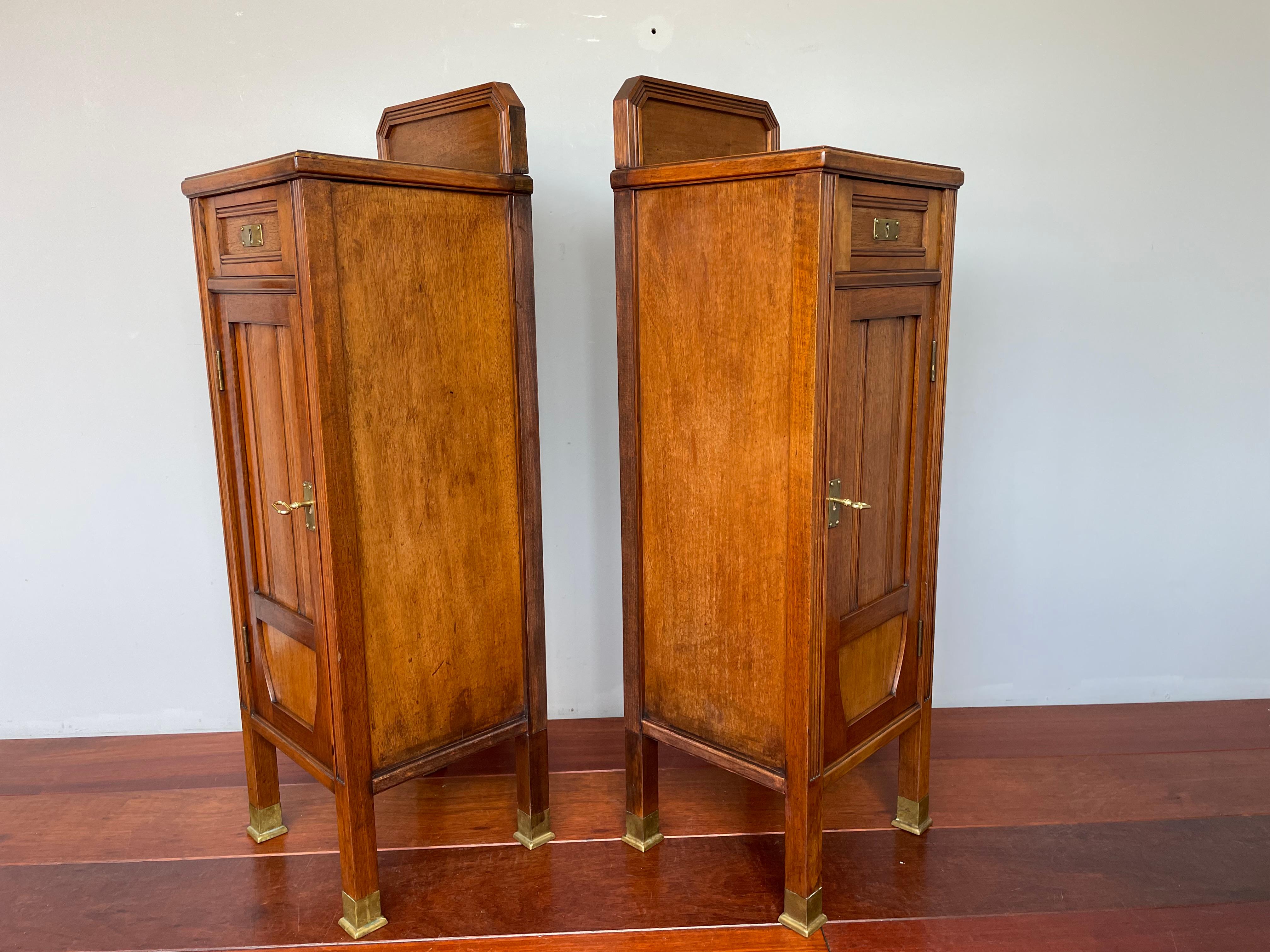 Cast Antique Pair of Walnut & Brass Arts and Crafts Night Stands / Bedside Tables