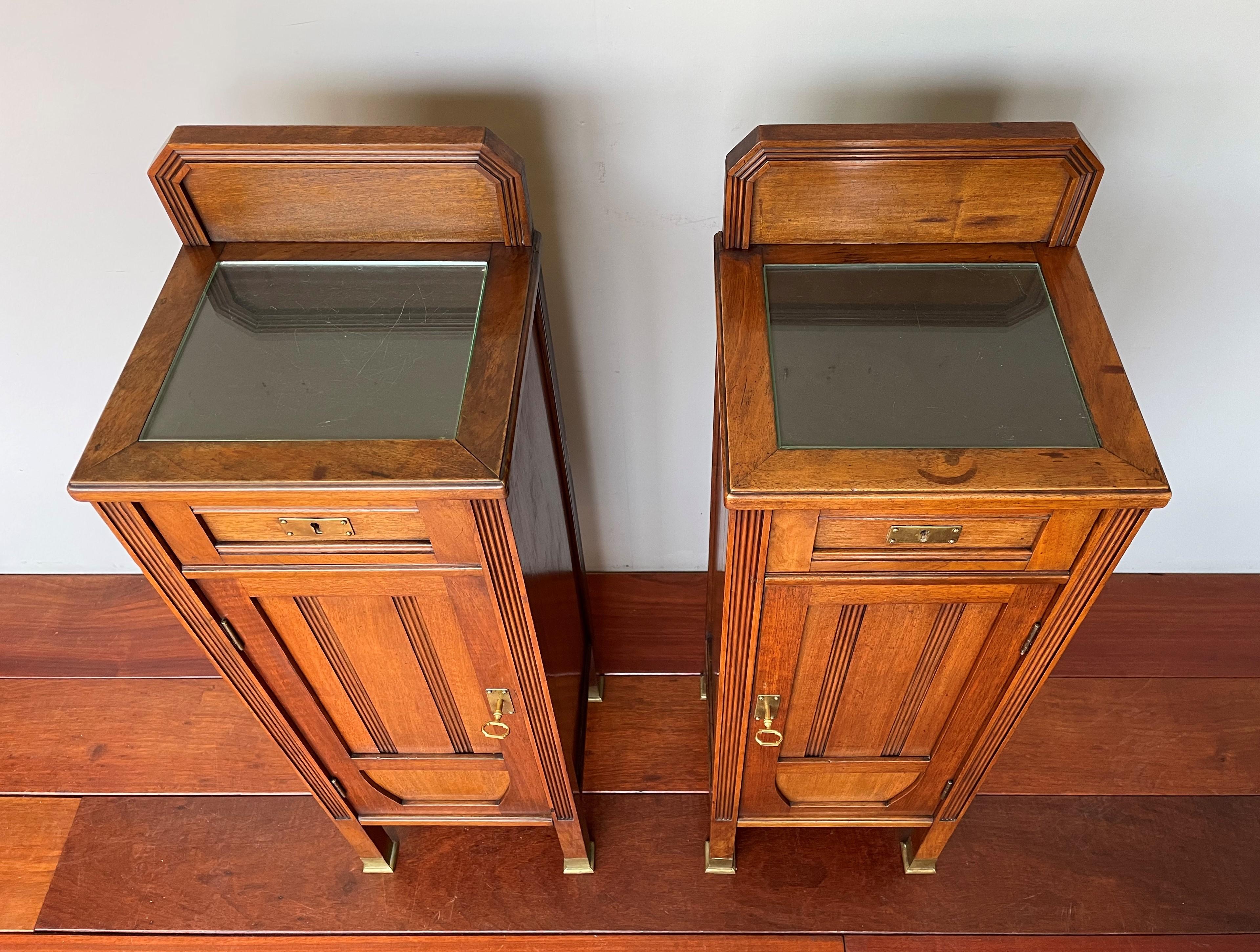 20th Century Antique Pair of Walnut & Brass Arts and Crafts Night Stands / Bedside Tables