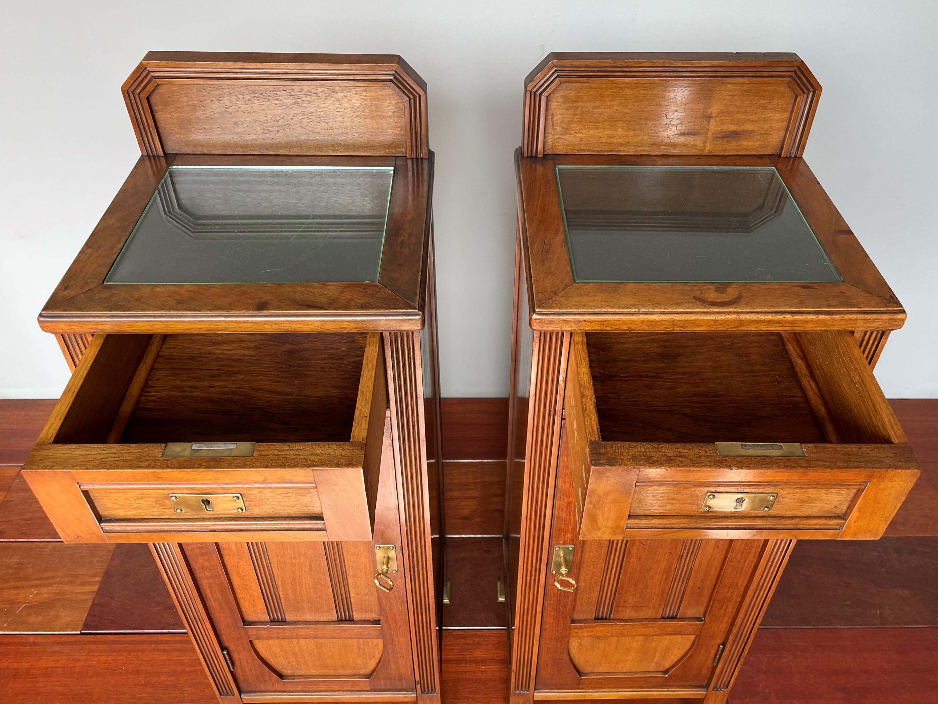 Bronze Antique Pair of Walnut & Brass Arts and Crafts Night Stands / Bedside Tables