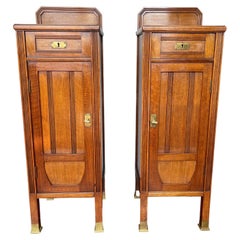 Antique Pair of Walnut & Brass Arts and Crafts Night Stands / Bedside Tables