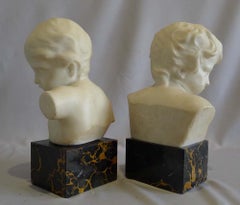 Antique Pair of White Marble Busts of Children on Variegated Marble Bases