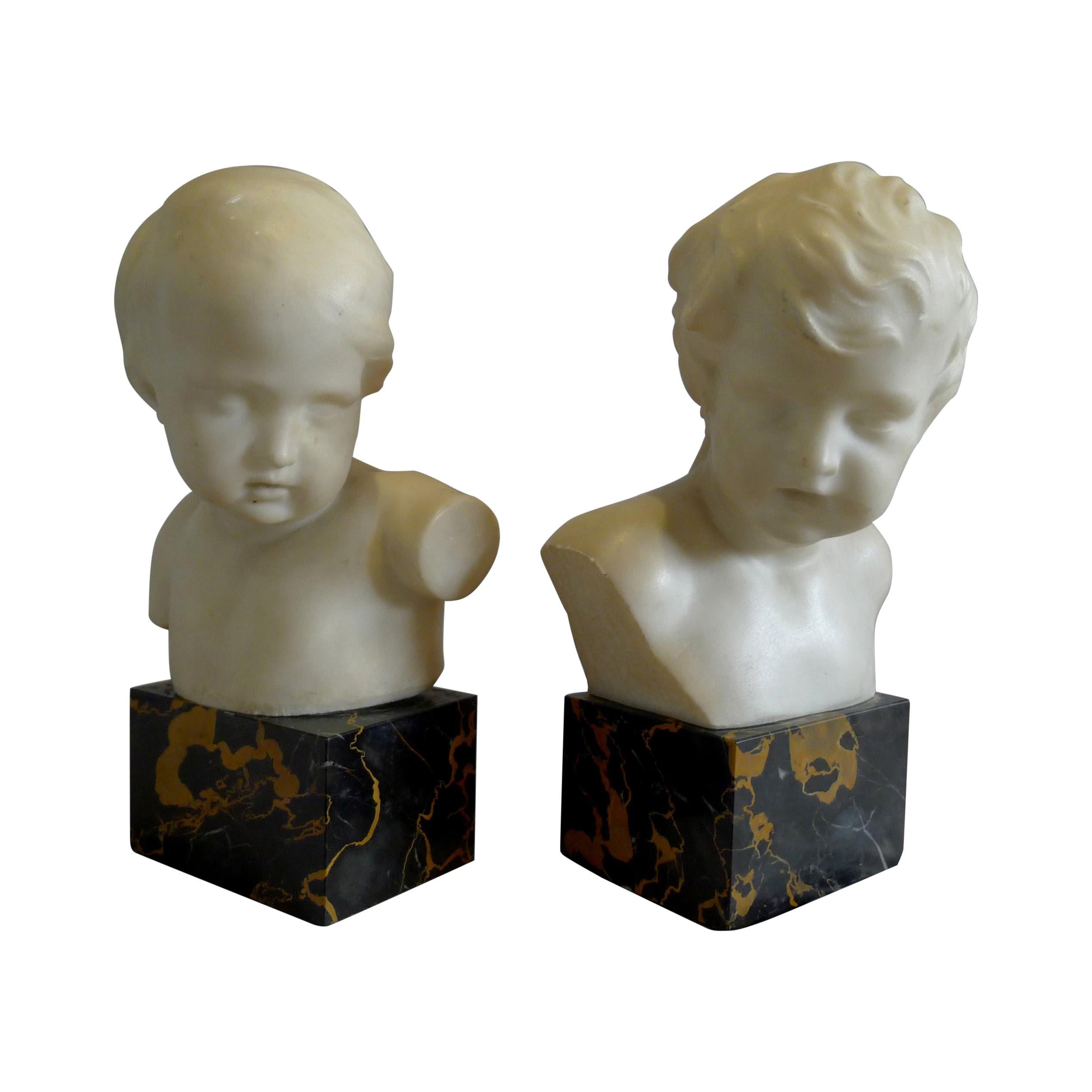 Antique Pair of White Marble Busts of Children on Variegated Marble Bases