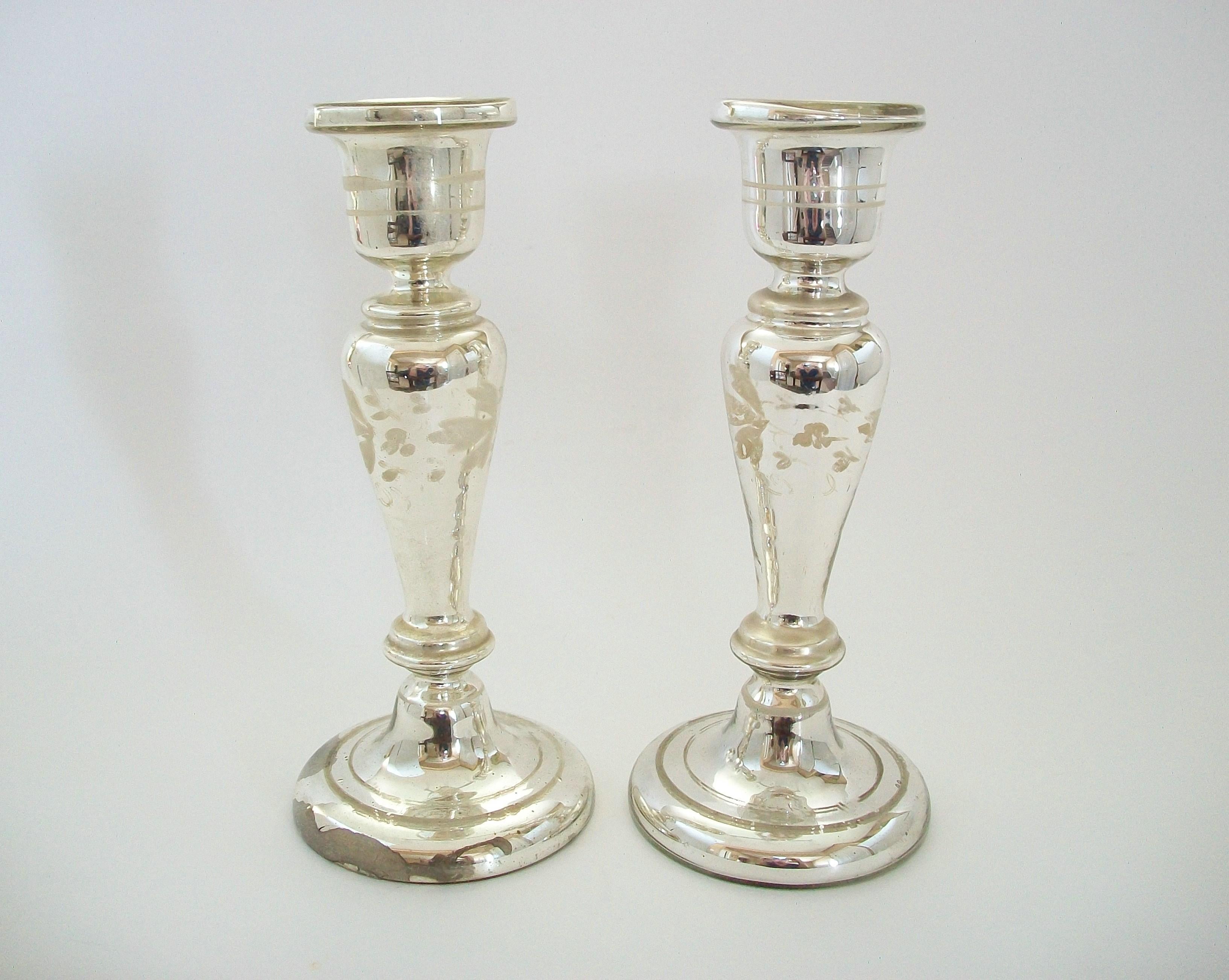 Hand-Crafted Antique Pair of White Painted Mercury Glass Candlesticks - France - Circa 1880 For Sale