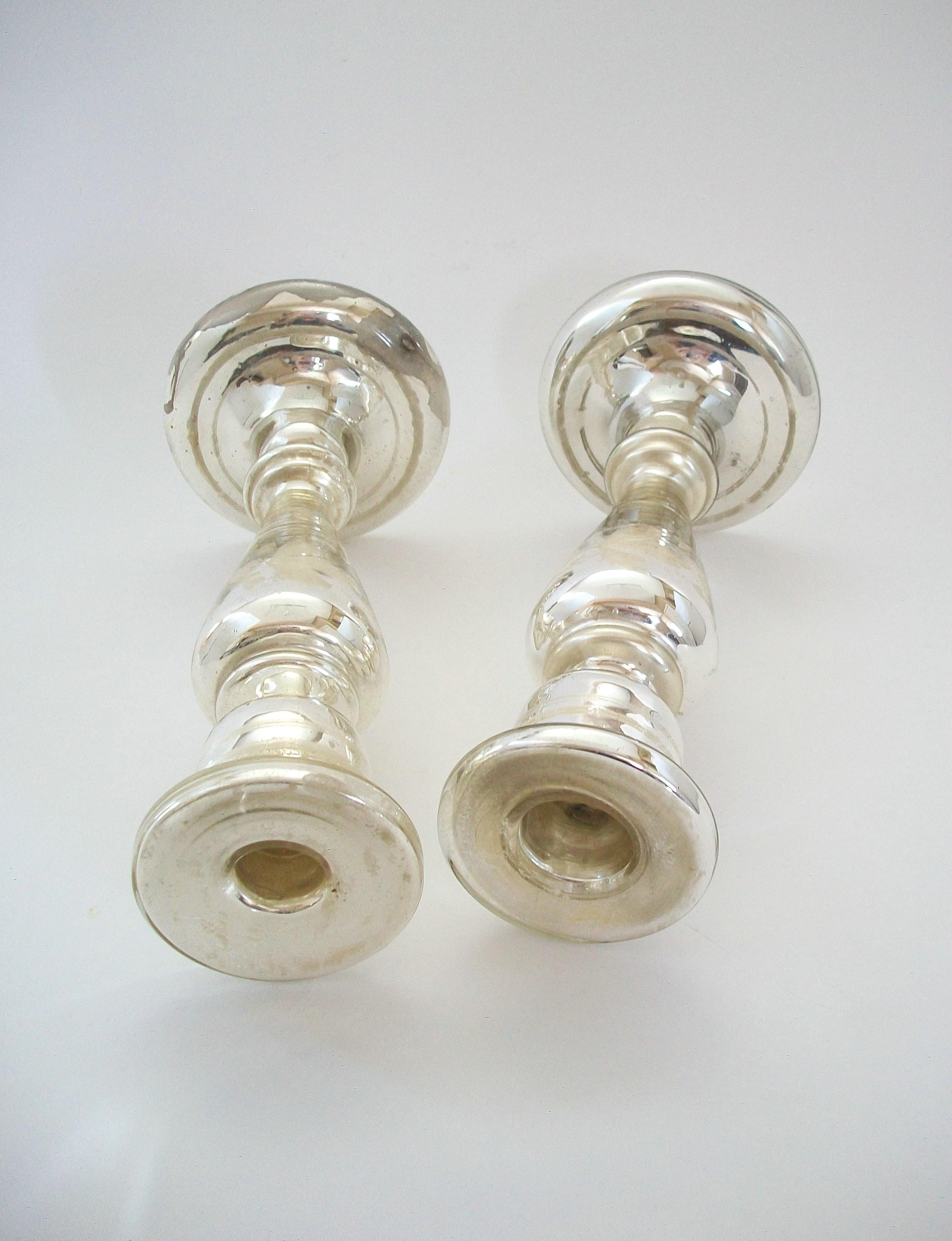 19th Century Antique Pair of White Painted Mercury Glass Candlesticks - France - Circa 1880 For Sale
