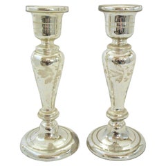Antique Pair of White Painted Mercury Glass Candlesticks - France - Circa 1880