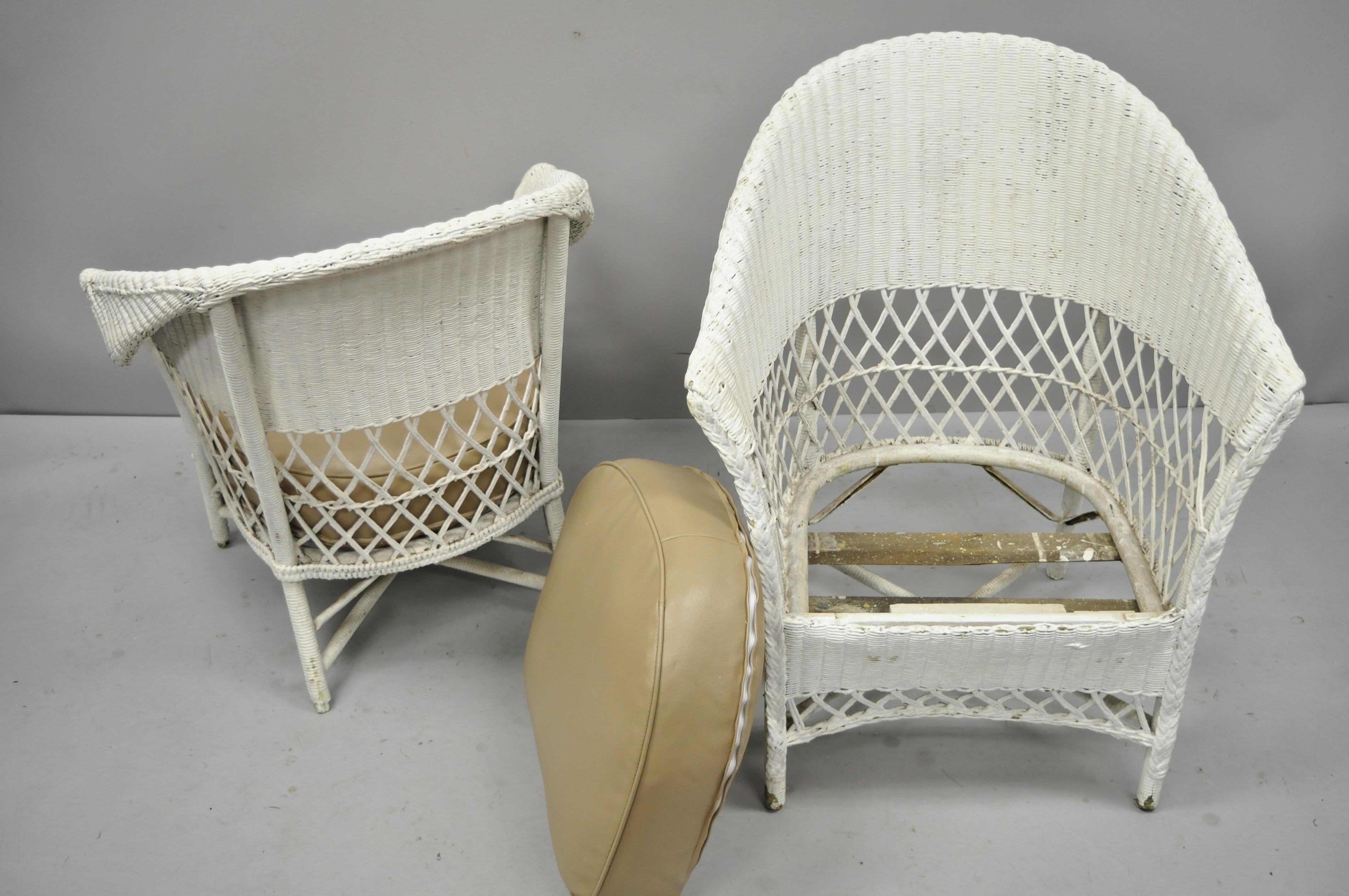 Antique Pair of White Wicker Rattan His and Hers Sunroom Victorian Armchairs 3