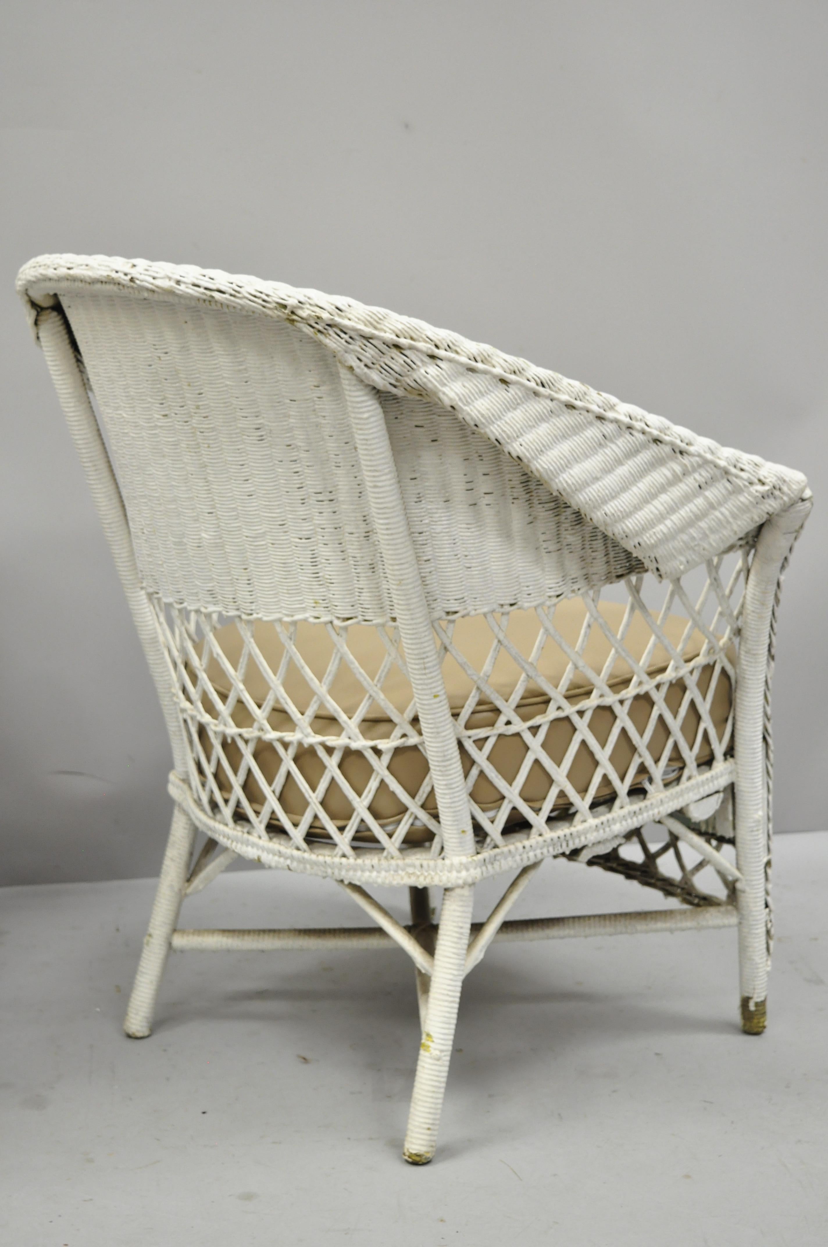 Antique Pair of White Wicker Rattan His and Hers Sunroom Victorian Armchairs 4
