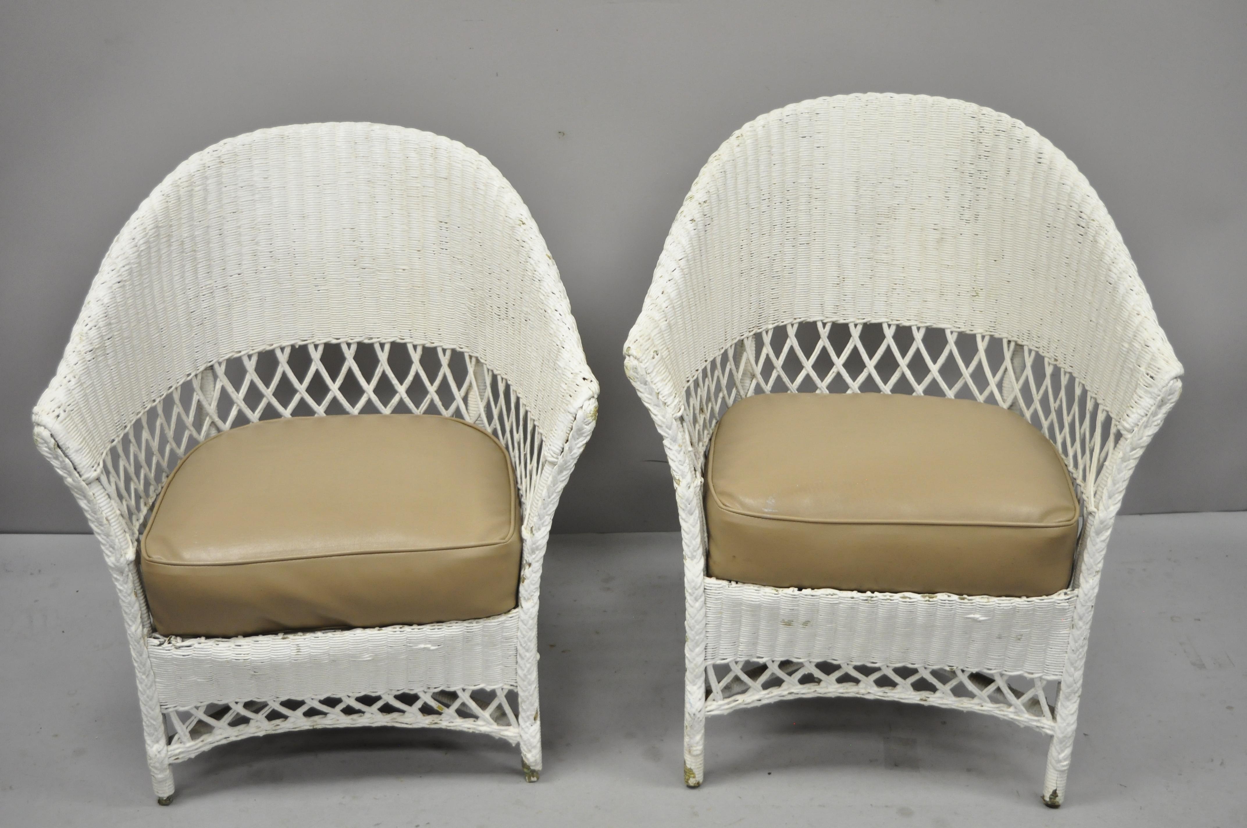 Antique Pair of White Wicker Rattan His and Hers Sunroom Victorian Armchairs 5