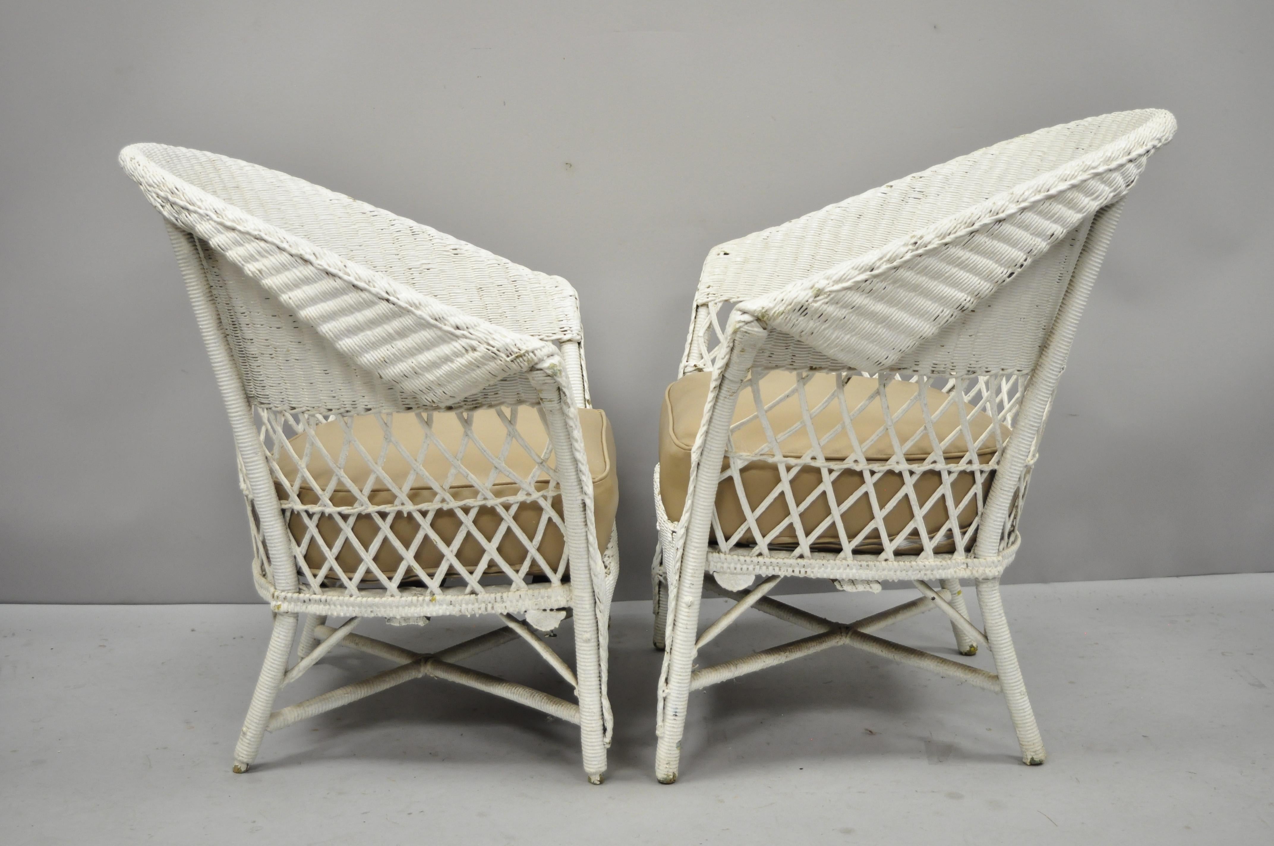 American Antique Pair of White Wicker Rattan His and Hers Sunroom Victorian Armchairs