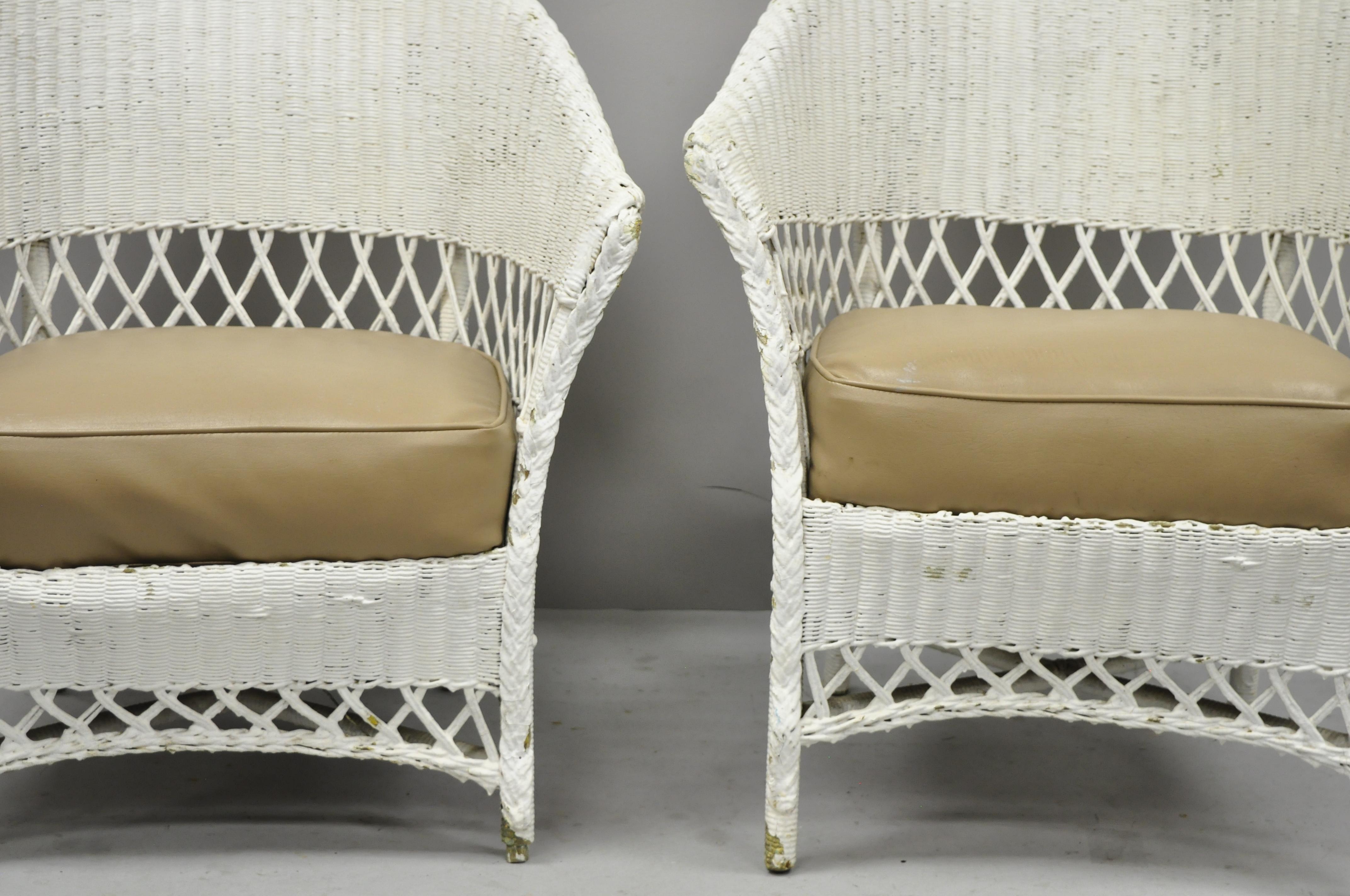 Antique Pair of White Wicker Rattan His and Hers Sunroom Victorian Armchairs 1