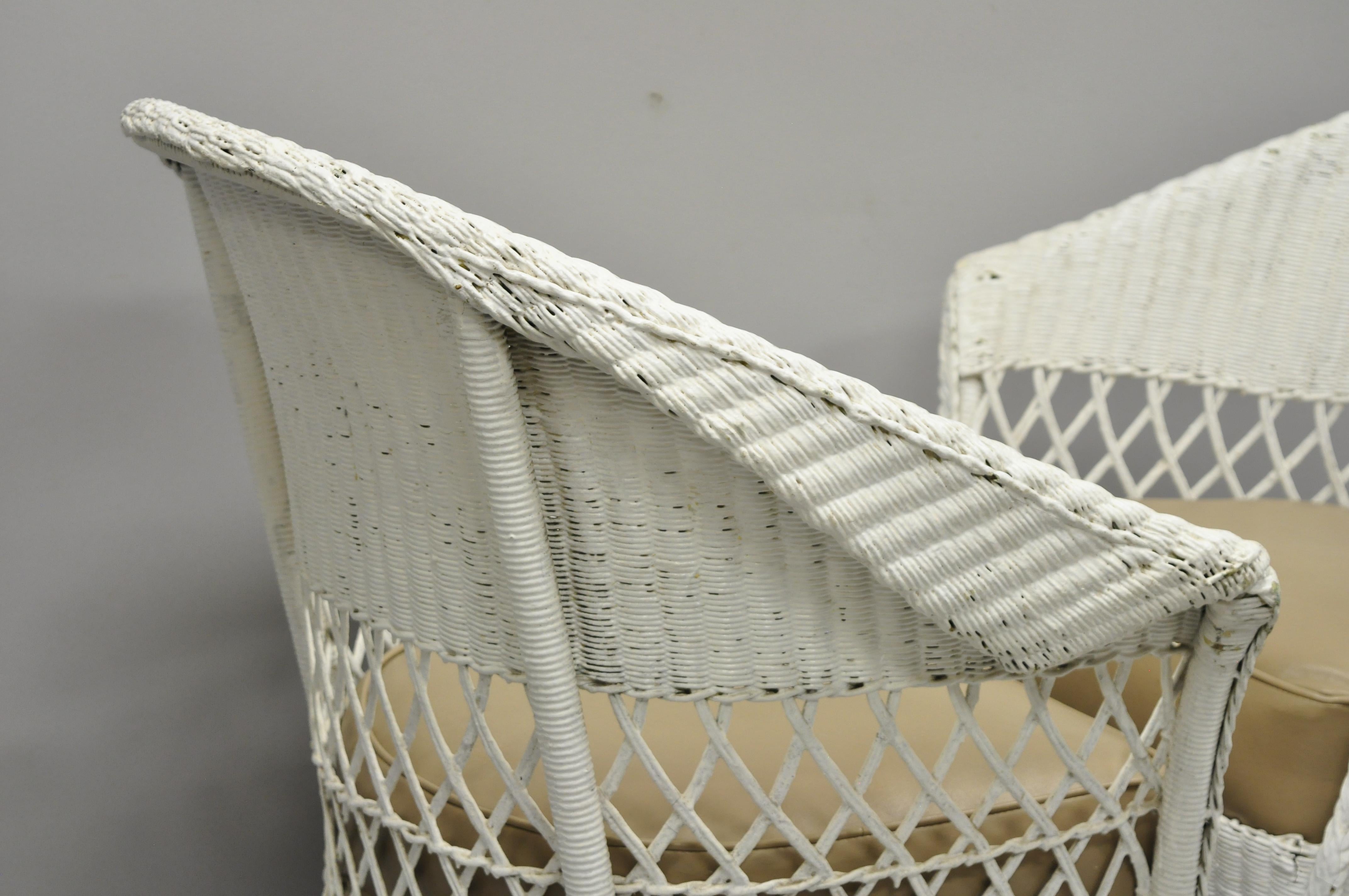 Antique Pair of White Wicker Rattan His and Hers Sunroom Victorian Armchairs 2