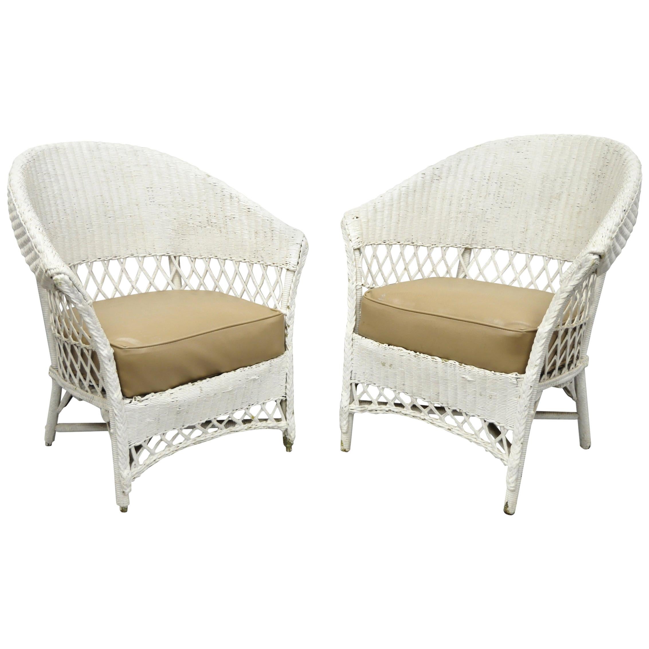 Antique Pair of White Wicker Rattan His and Hers Sunroom Victorian Armchairs