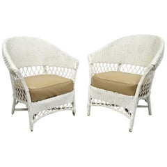 Antike Paar weiße Weidenrattan seine und ihre Sunroom viktorianischen Sessel
