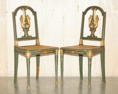 ANTIQUE PAIR OF WILLIAM KENT EMPIRE GREEN & GOLD GILT SWAN CARVED SIDE CHAIRs