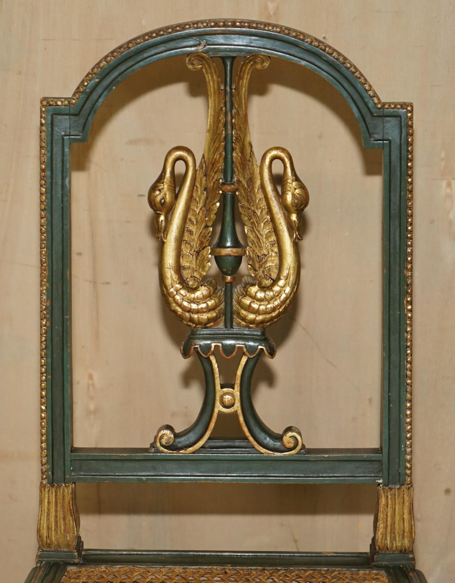 Hand-Crafted ANTIQUE PAIR OF WILLIAM KENT EMPIRE GREEN & GOLD GILT SWAN CARVED SIDE CHAIRs For Sale