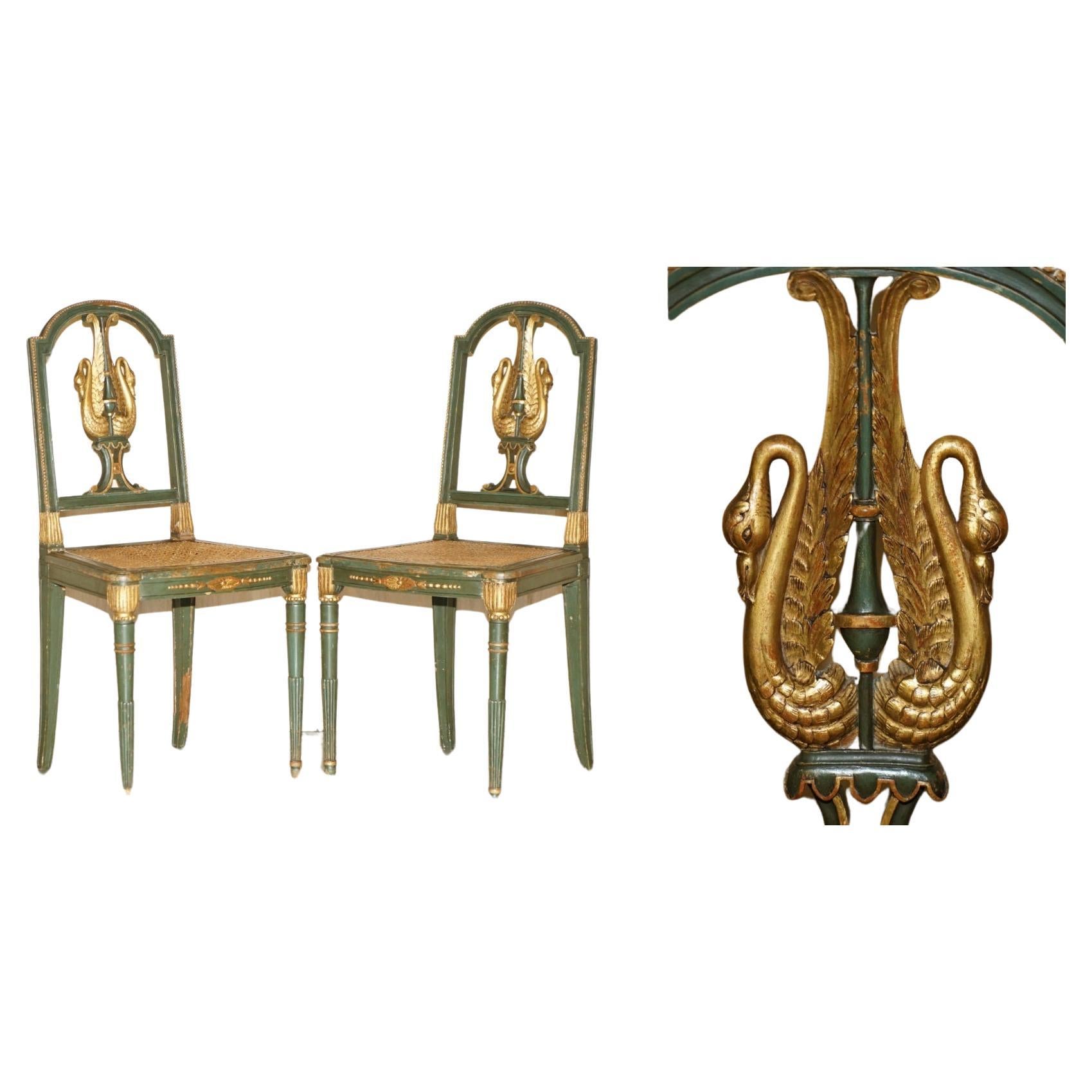 ANTIQUE PAIR OF WILLIAM KENT EMPIRE GREEN & GOLD GILT SWAN CARVED SIDE CHAIRs For Sale