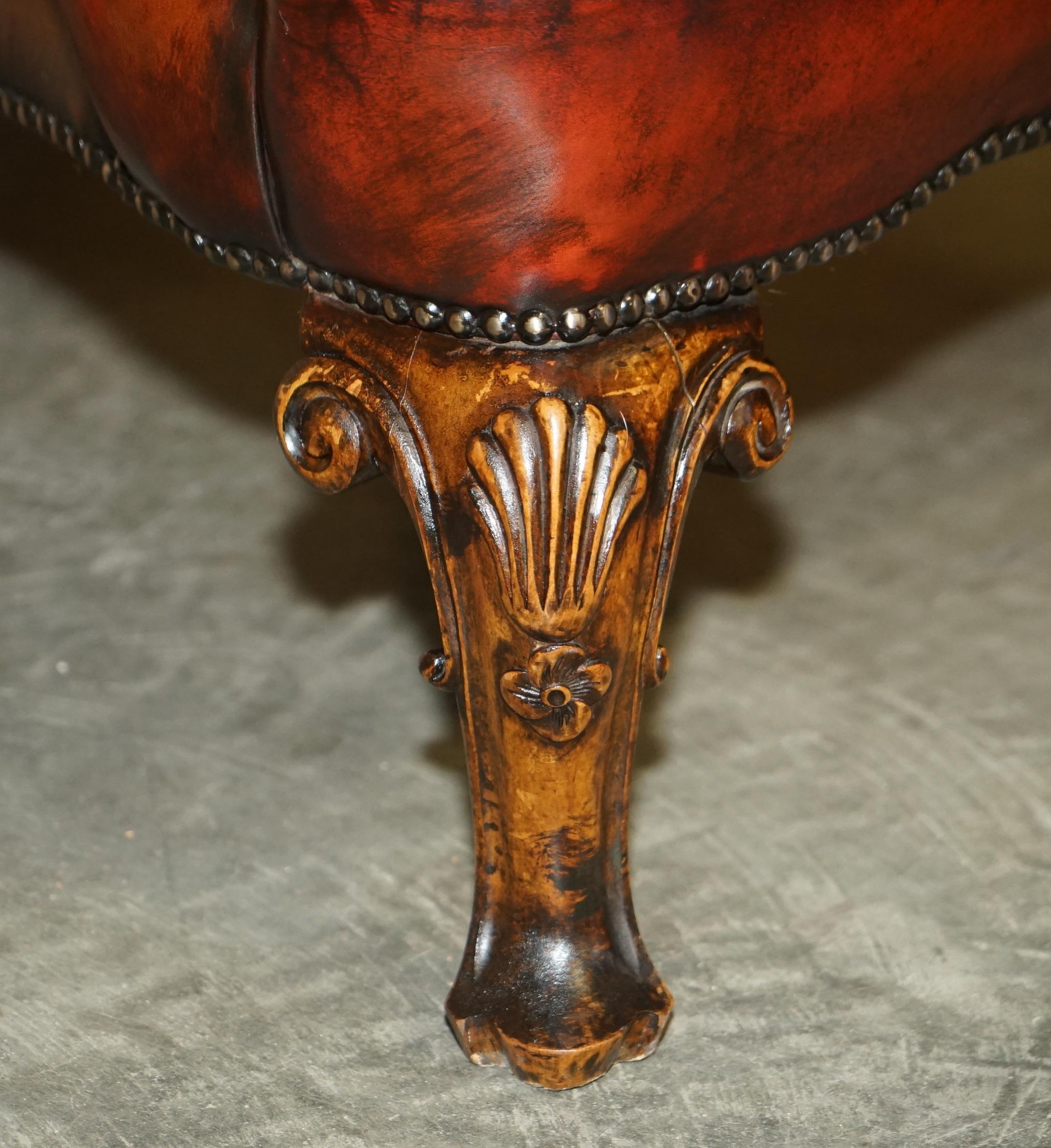 Antique Pair of William Morris Carved Legged Wingback Bordeaux Leather Armchairs 3