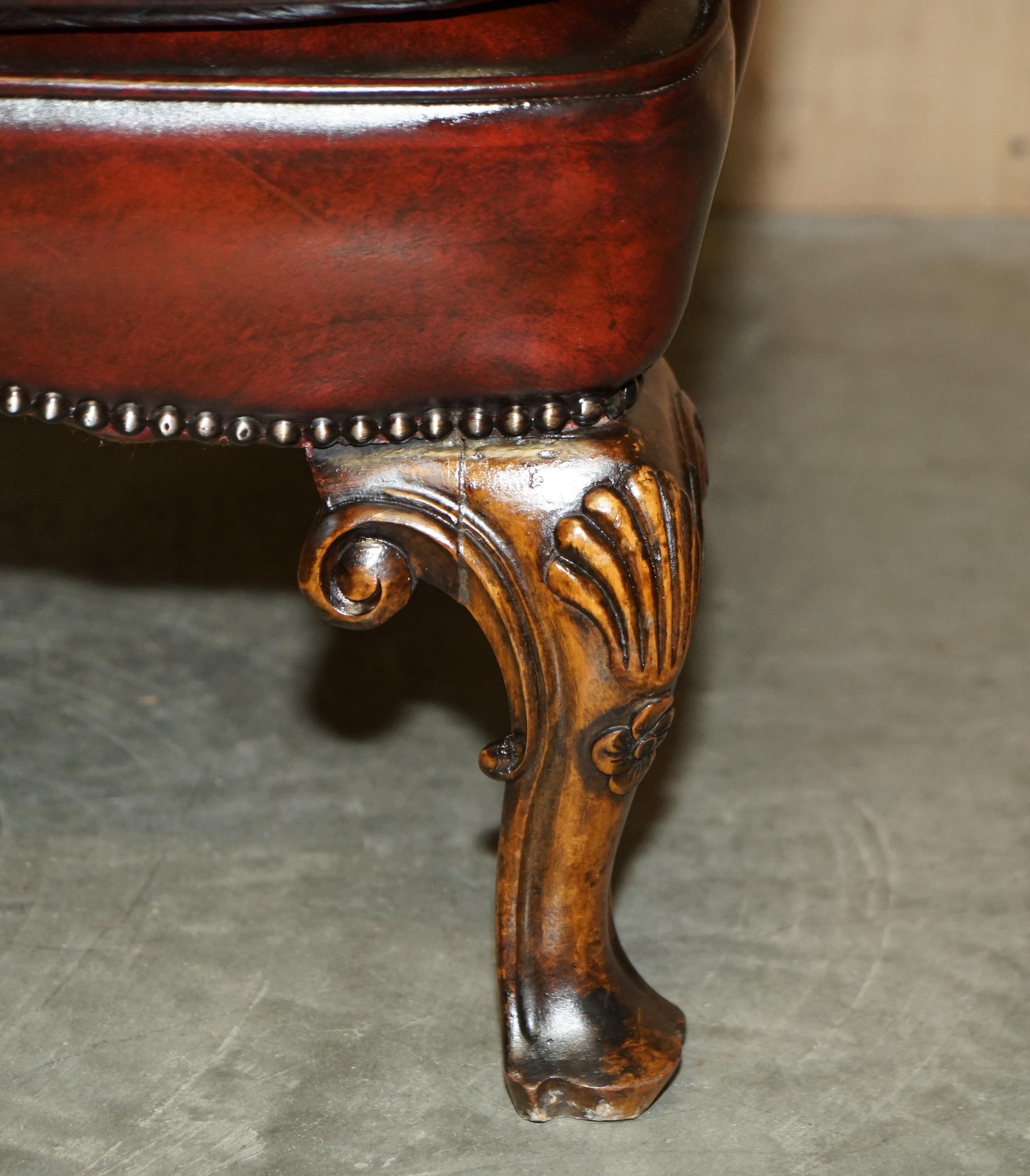 Antique Pair of William Morris Carved Legged Wingback Bordeaux Leather Armchairs 4