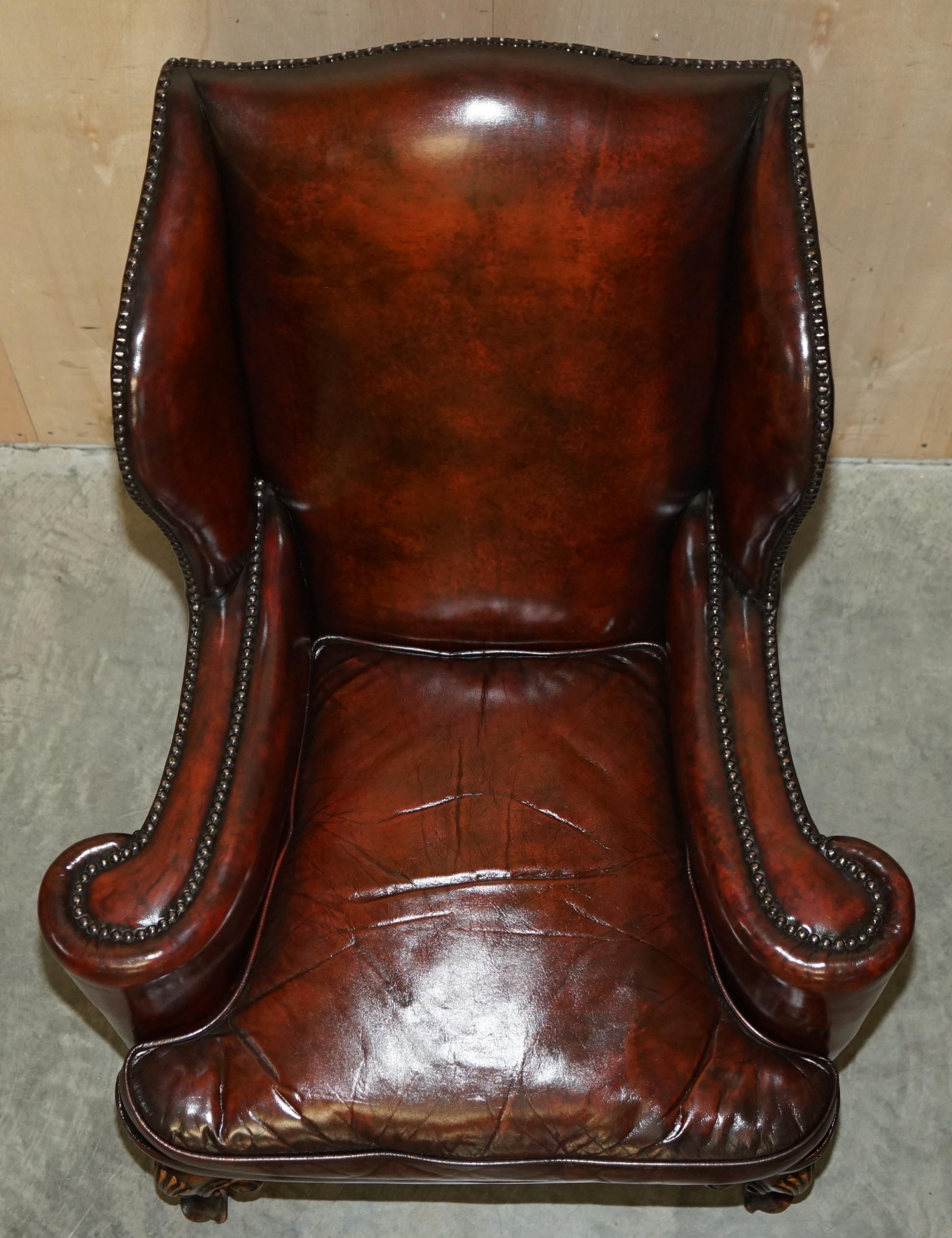 Antique Pair of William Morris Carved Legged Wingback Bordeaux Leather Armchairs 5
