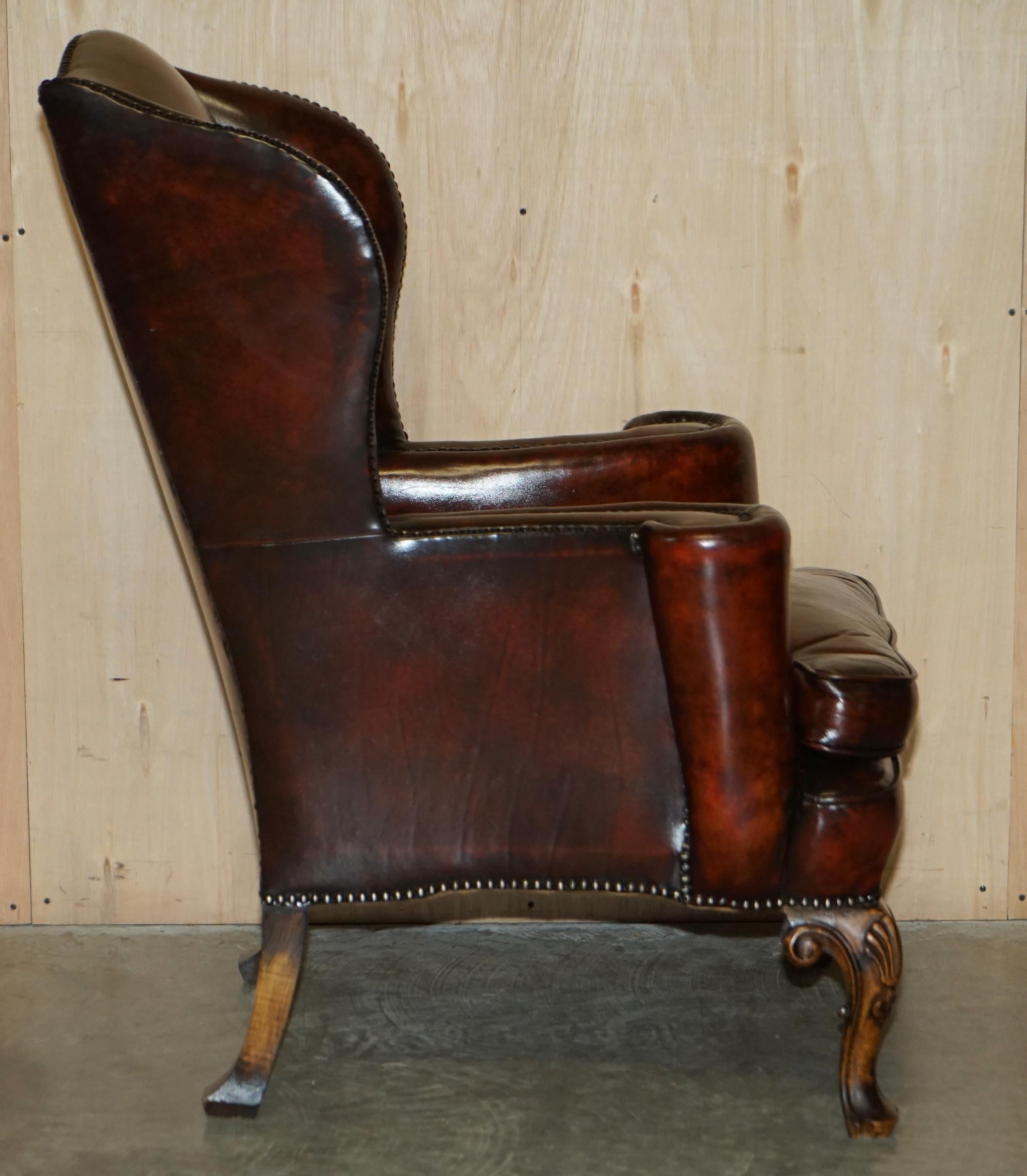 Antique Pair of William Morris Carved Legged Wingback Bordeaux Leather Armchairs 7