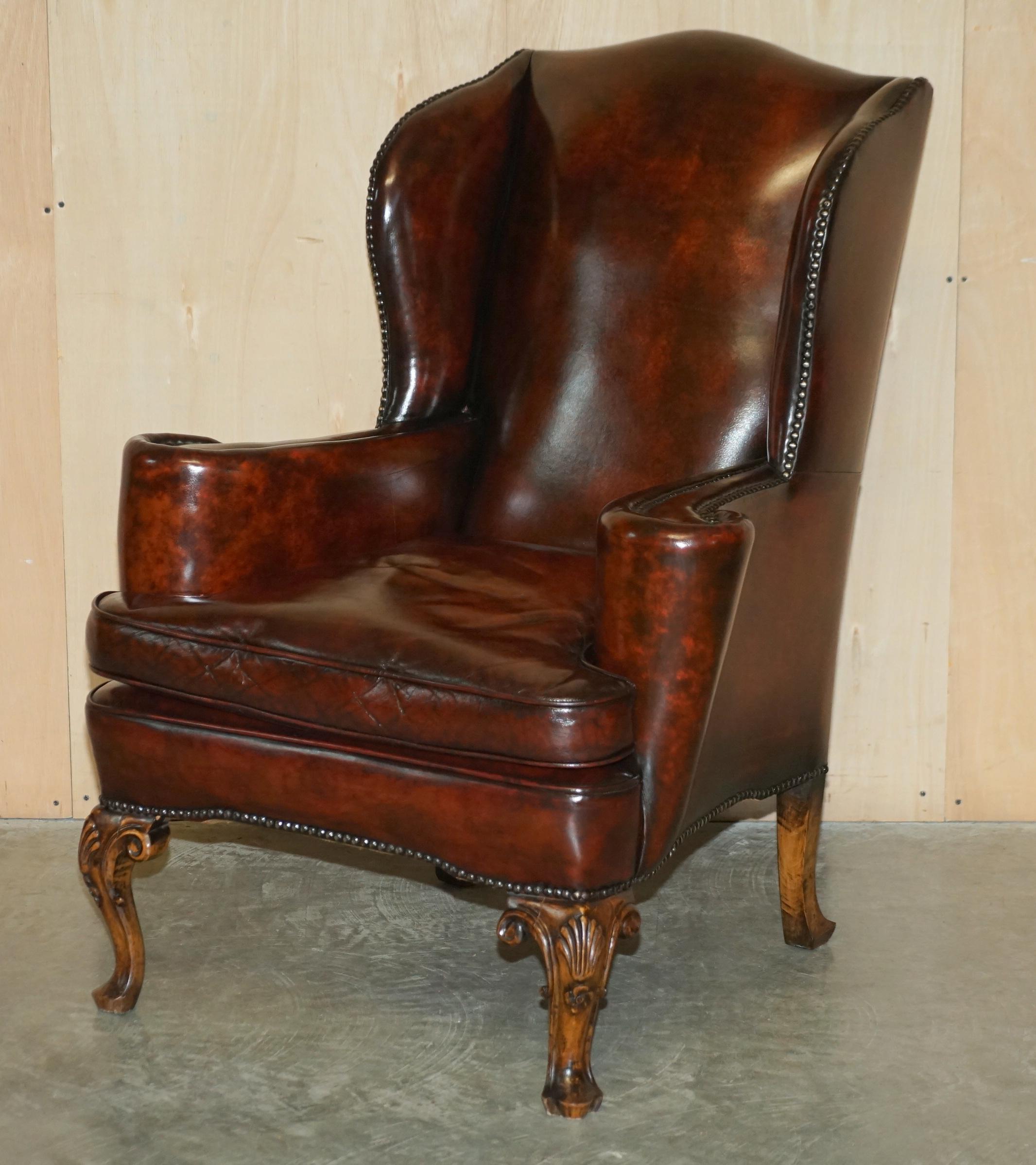 Antique Pair of William Morris Carved Legged Wingback Bordeaux Leather Armchairs 9