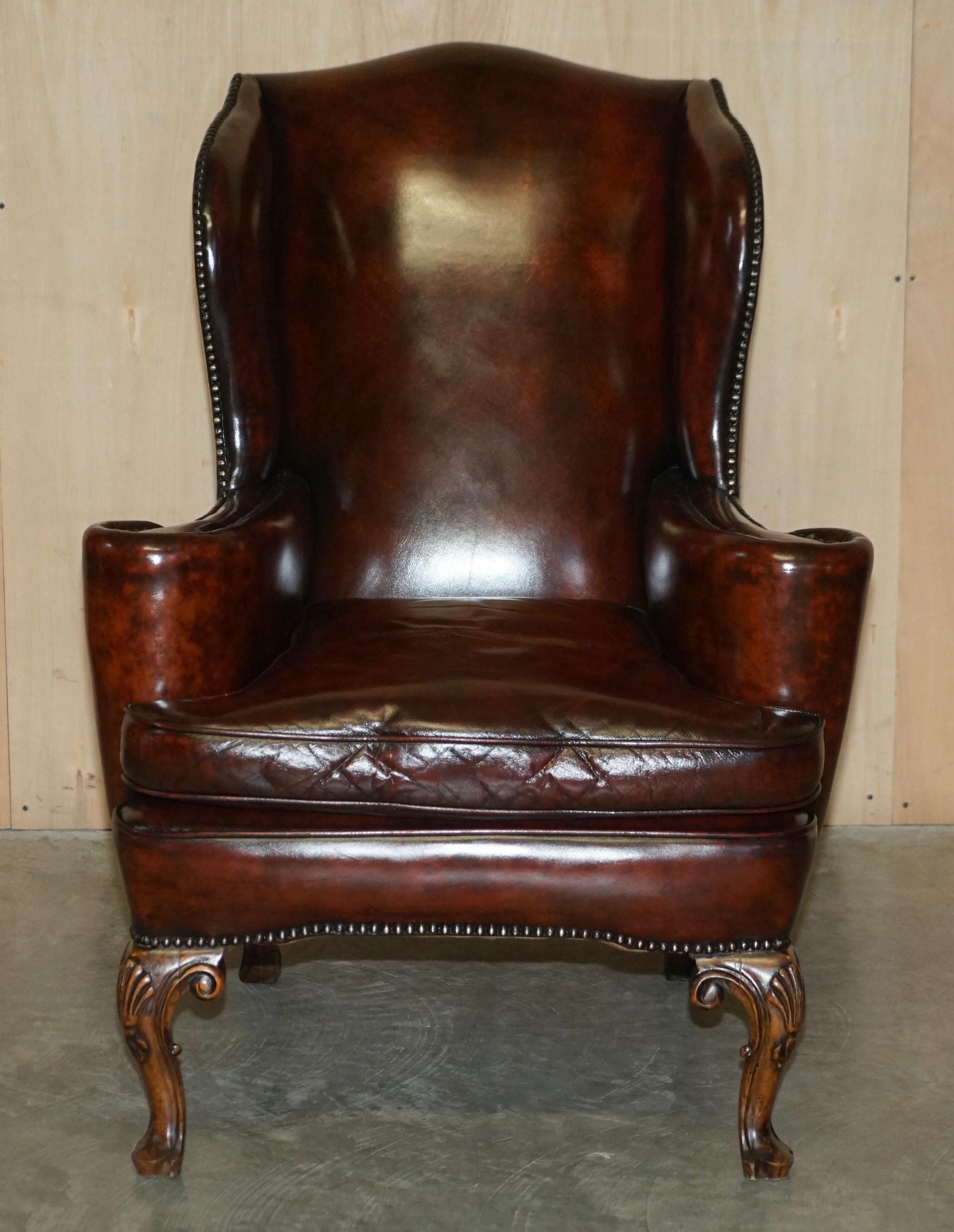 Antique Pair of William Morris Carved Legged Wingback Bordeaux Leather Armchairs 10