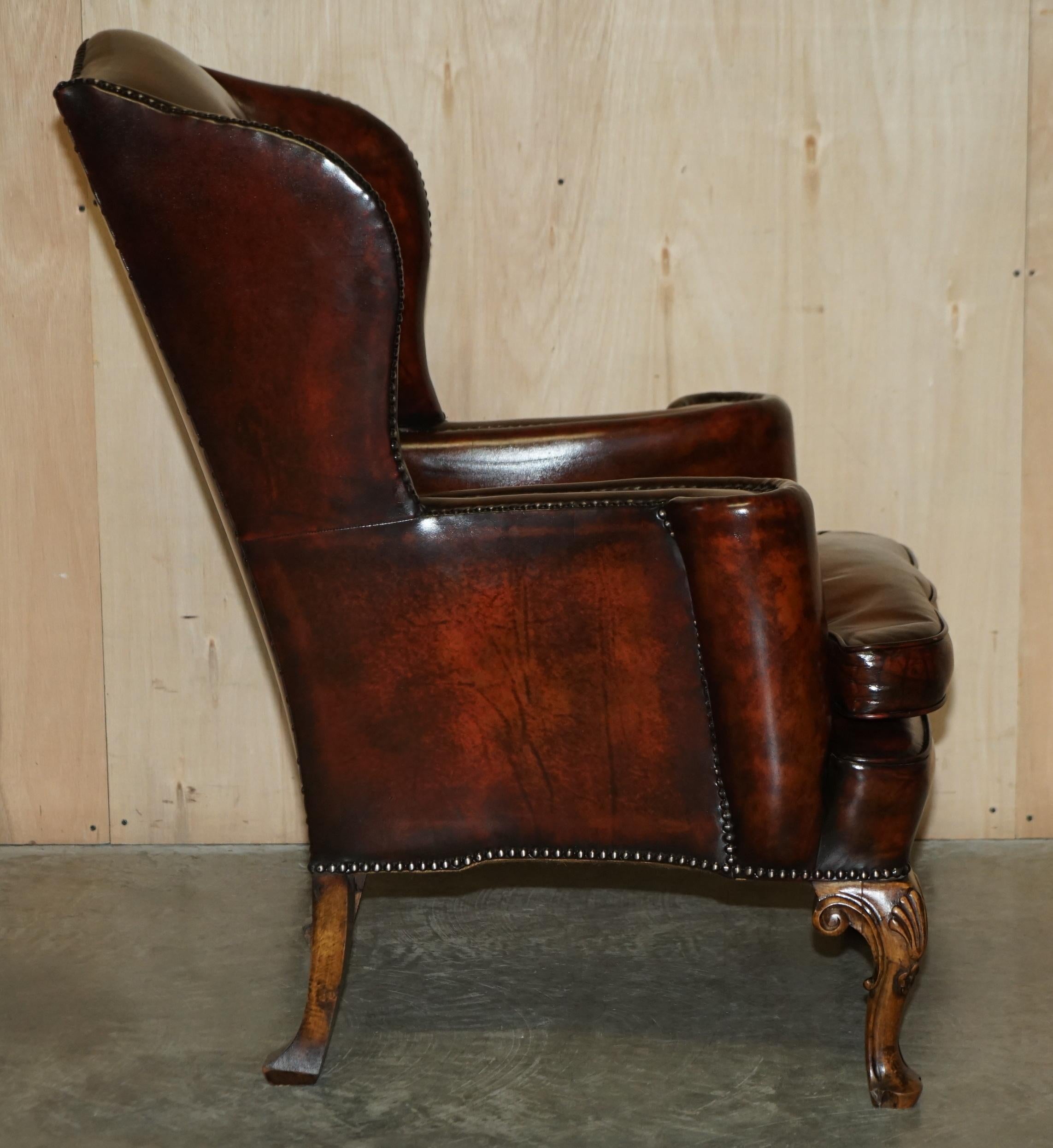 Antique Pair of William Morris Carved Legged Wingback Bordeaux Leather Armchairs 11