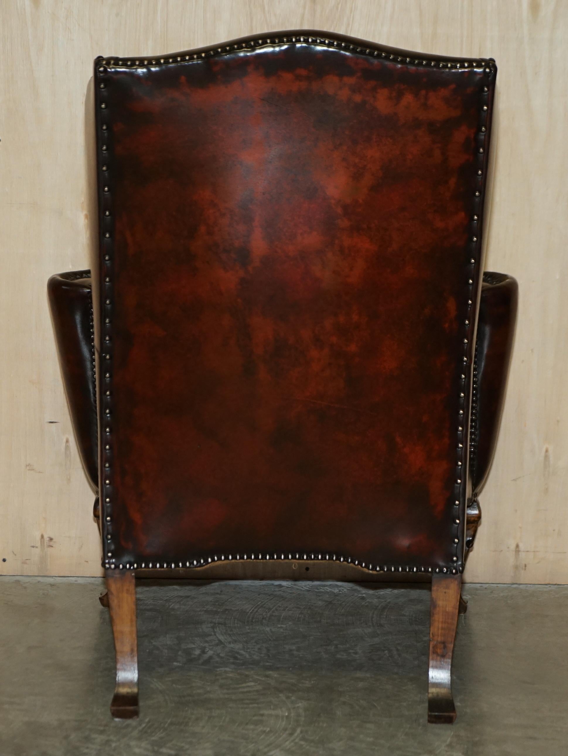 Antique Pair of William Morris Carved Legged Wingback Bordeaux Leather Armchairs 12
