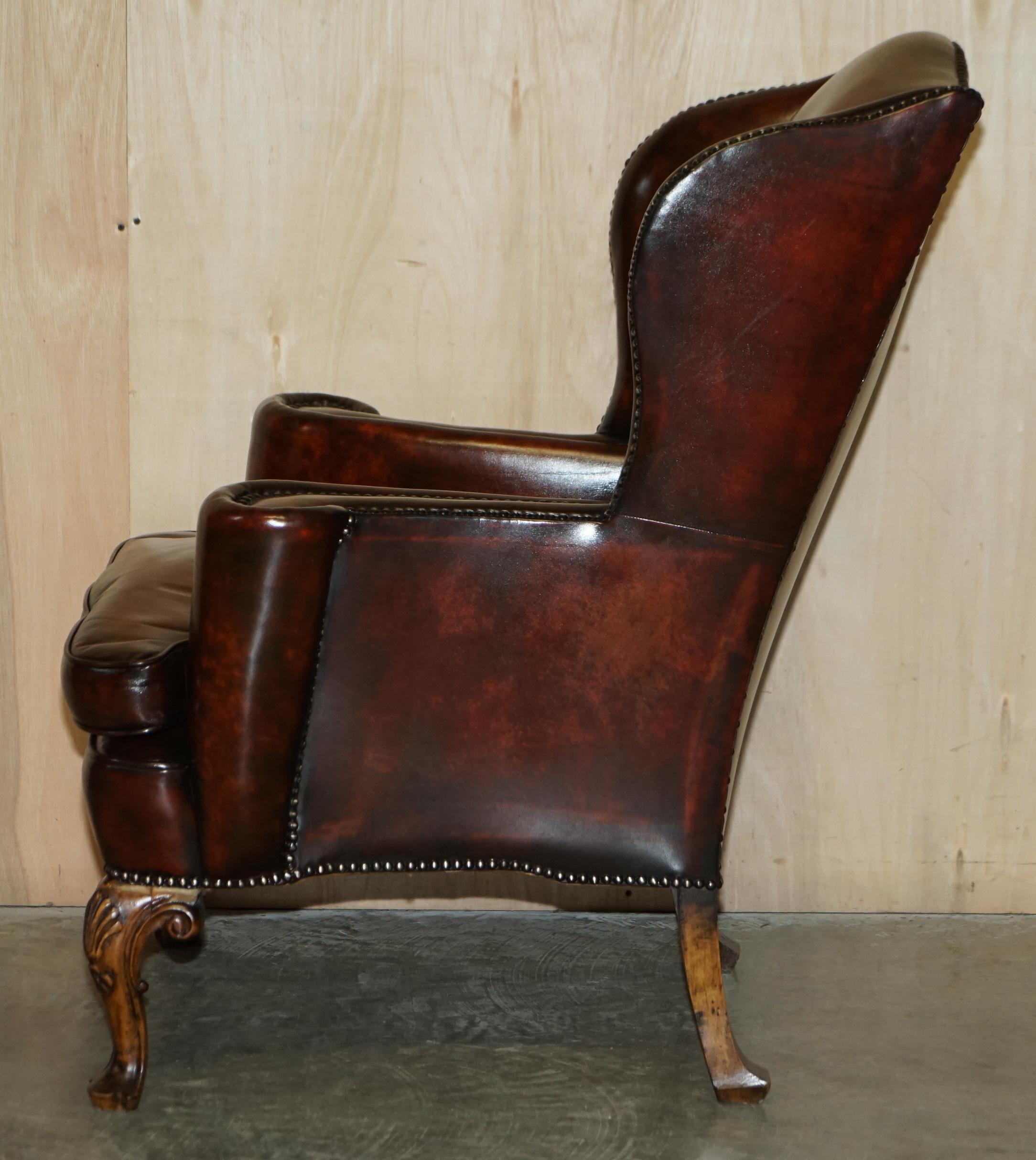 Antique Pair of William Morris Carved Legged Wingback Bordeaux Leather Armchairs 13