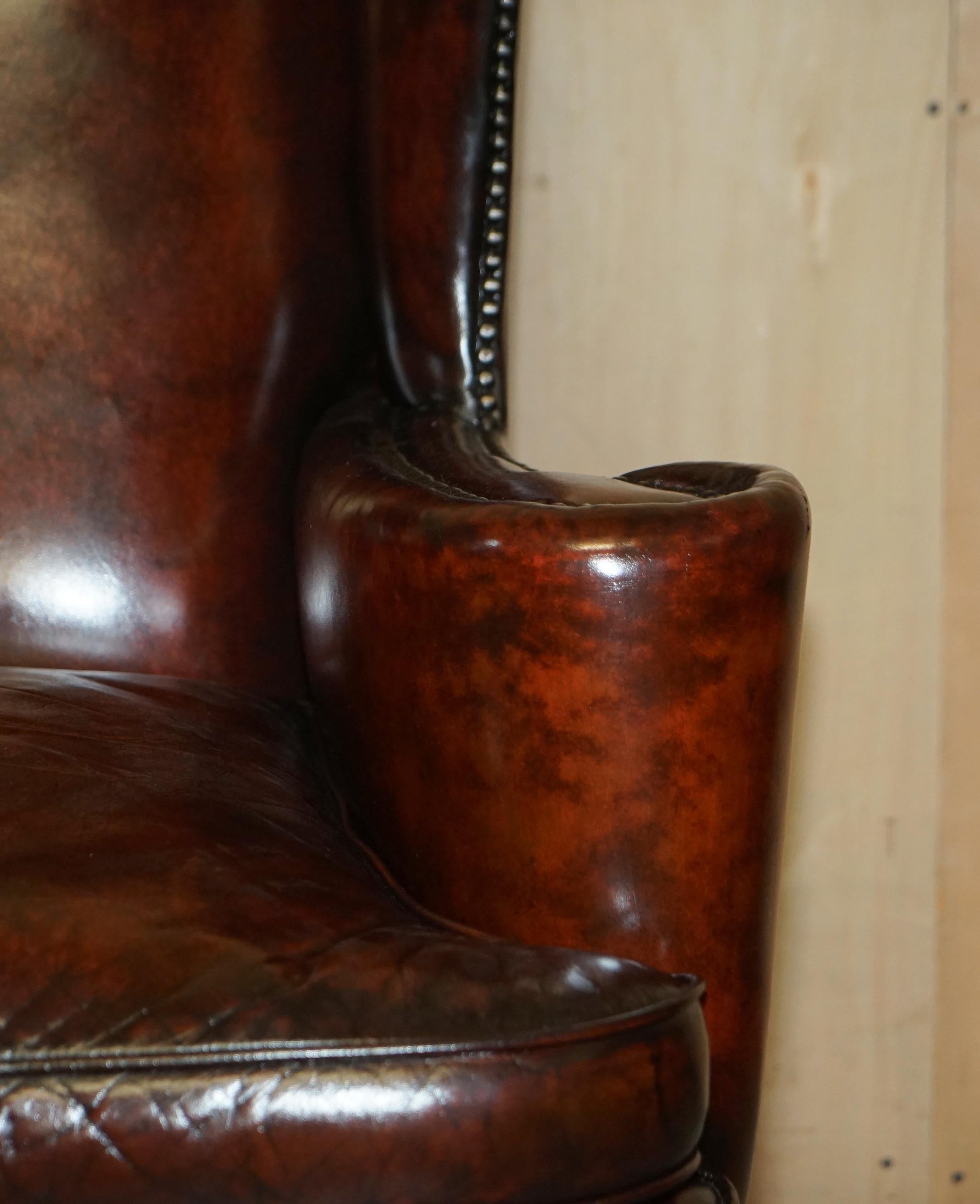 Antique Pair of William Morris Carved Legged Wingback Bordeaux Leather Armchairs 2
