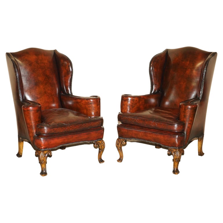 Antique Pair of William Morris Carved Legged Wingback Bordeaux