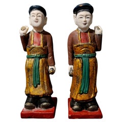 Antique Pair of Wood Carved Figures Le Dynasty Buddhists, 18th century