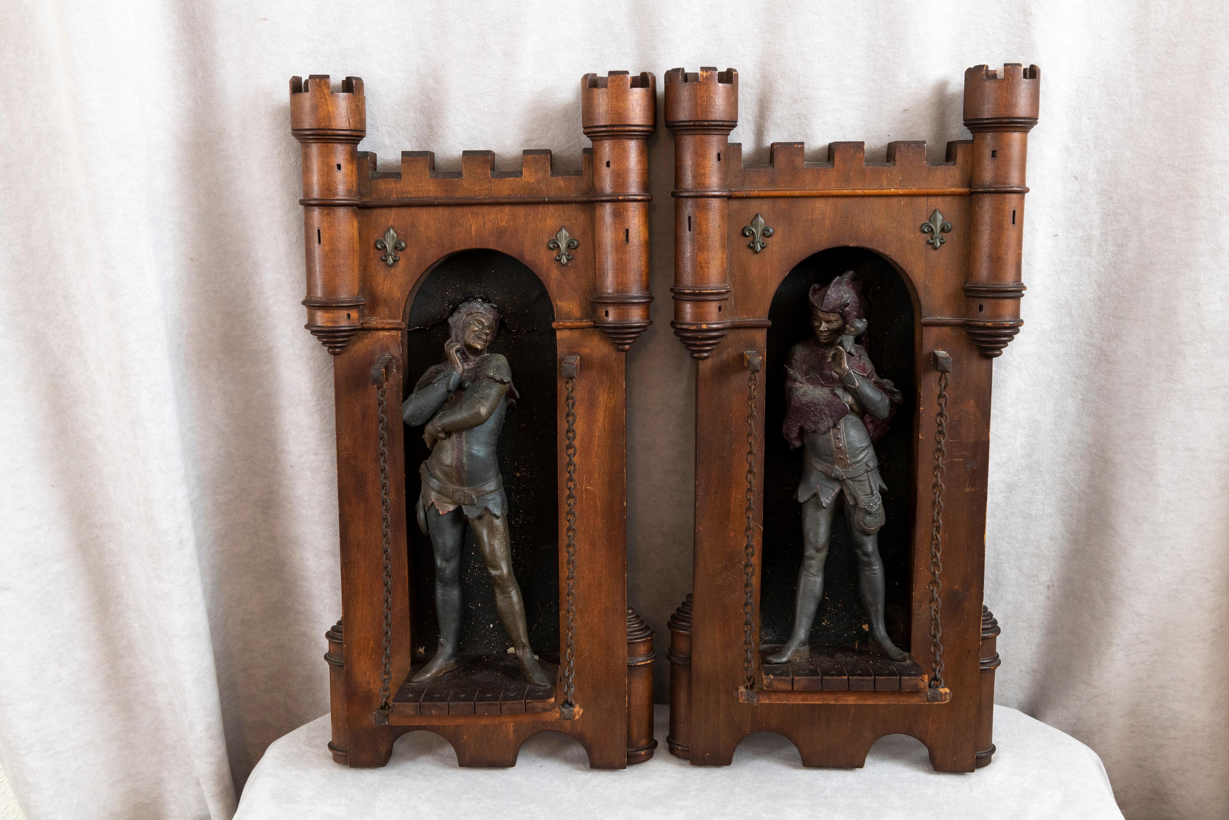 Cast Antique Pair of Wood & Metal Wall Mounted Sculptures w/ Medieval Characters