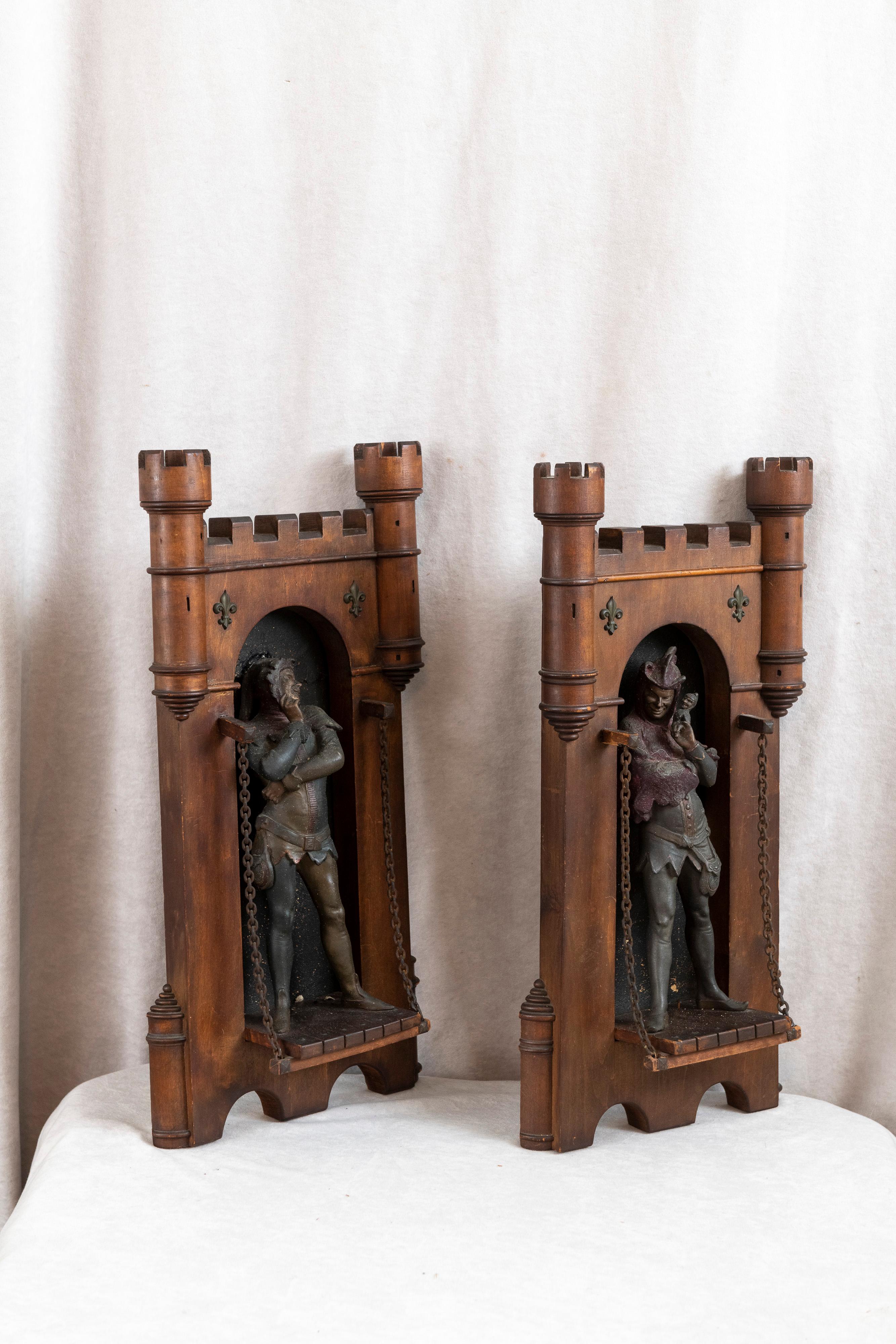 Antique Pair of Wood & Metal Wall Mounted Sculptures w/ Medieval Characters In Good Condition In Petaluma, CA