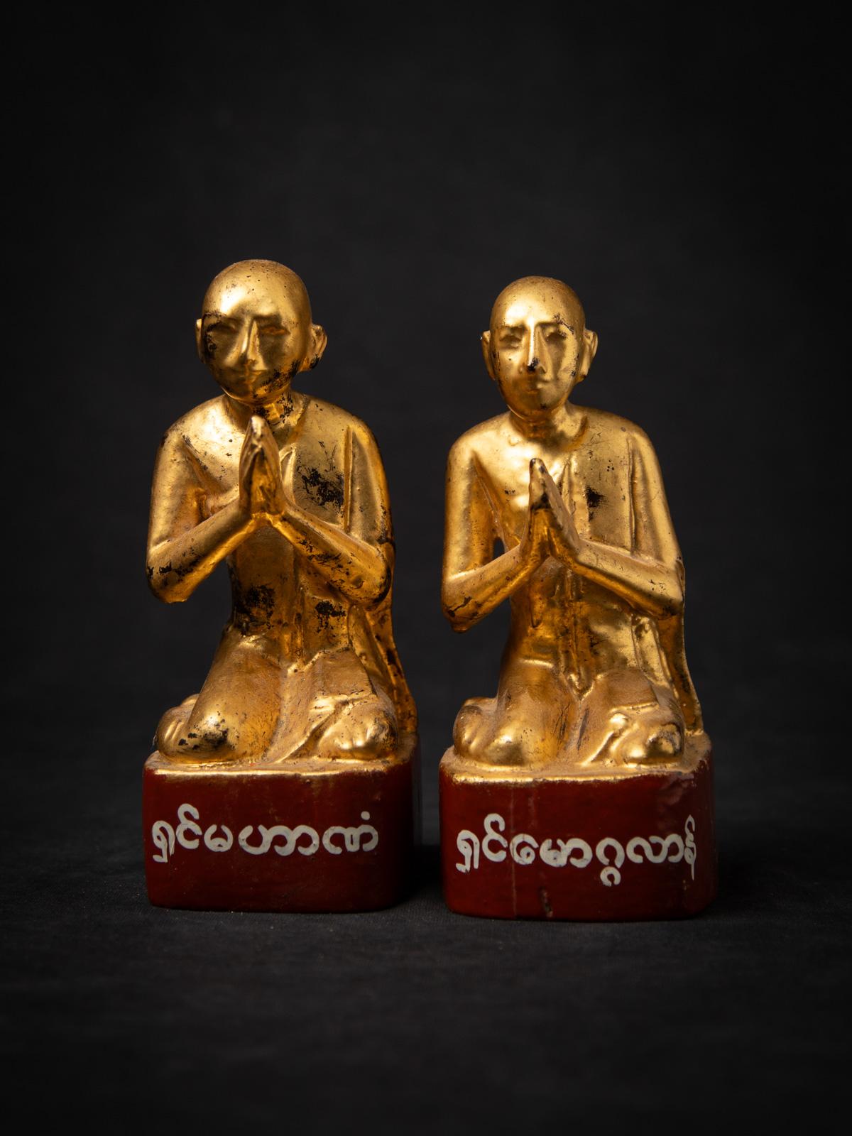 Ancienne paire de statues de moines birmans en bois de Birmanie Bon état - En vente à DEVENTER, NL