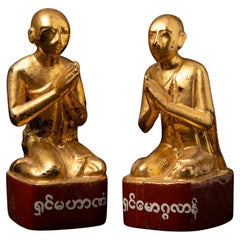 Antique pair of wooden Burmese Monk statues from Burma
