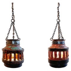 Used Pair of Wooden Wagon Wheel Hub Pendant Lamps & Chains, Germany ca. 1850s