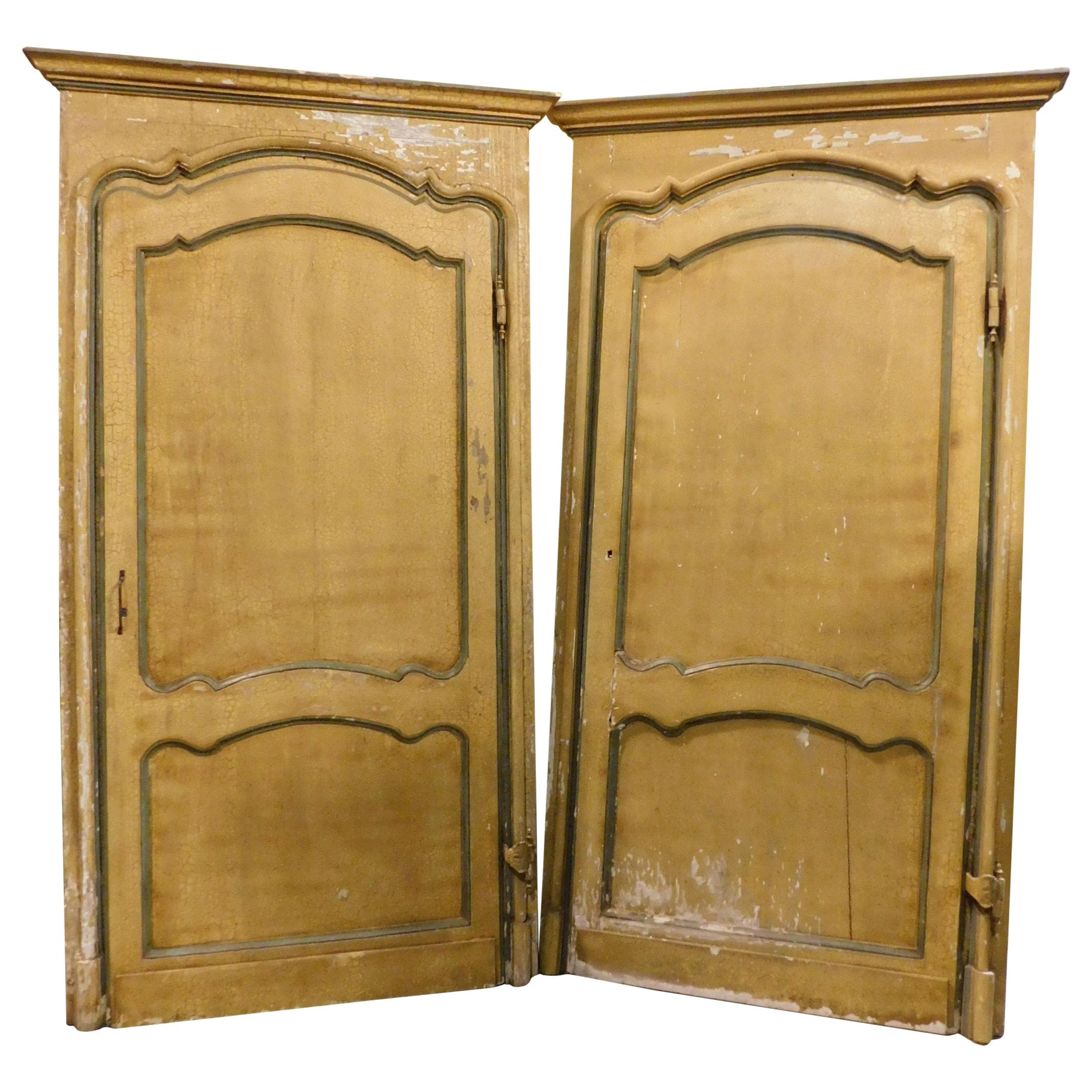 Antique Pair of Yellow Lacquered Doors with Original Frame, 18th Century, Italy