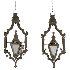 Antique Pair of Zinc Garden Lantern Pendant Lights with Verdigris Finish C1930