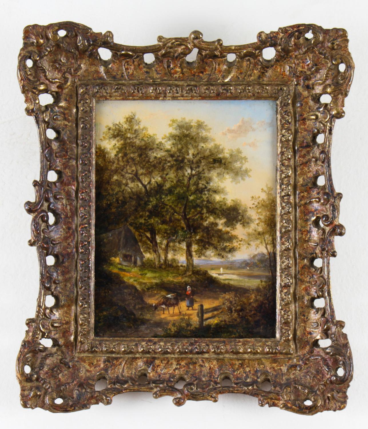 A lovely pair of Dutch oil on panel framed paintings by Jan Evert Morel, (1777-1808), both signed lower left and late 18th Century in date.
The paintings delightfully present charming forest scenes with figures in period costumes.

The artist