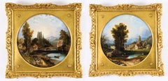 Pareja de óleos antiguos sobre tabla Pinturas de paisajes tondos John Bell Mediados del siglo XIX