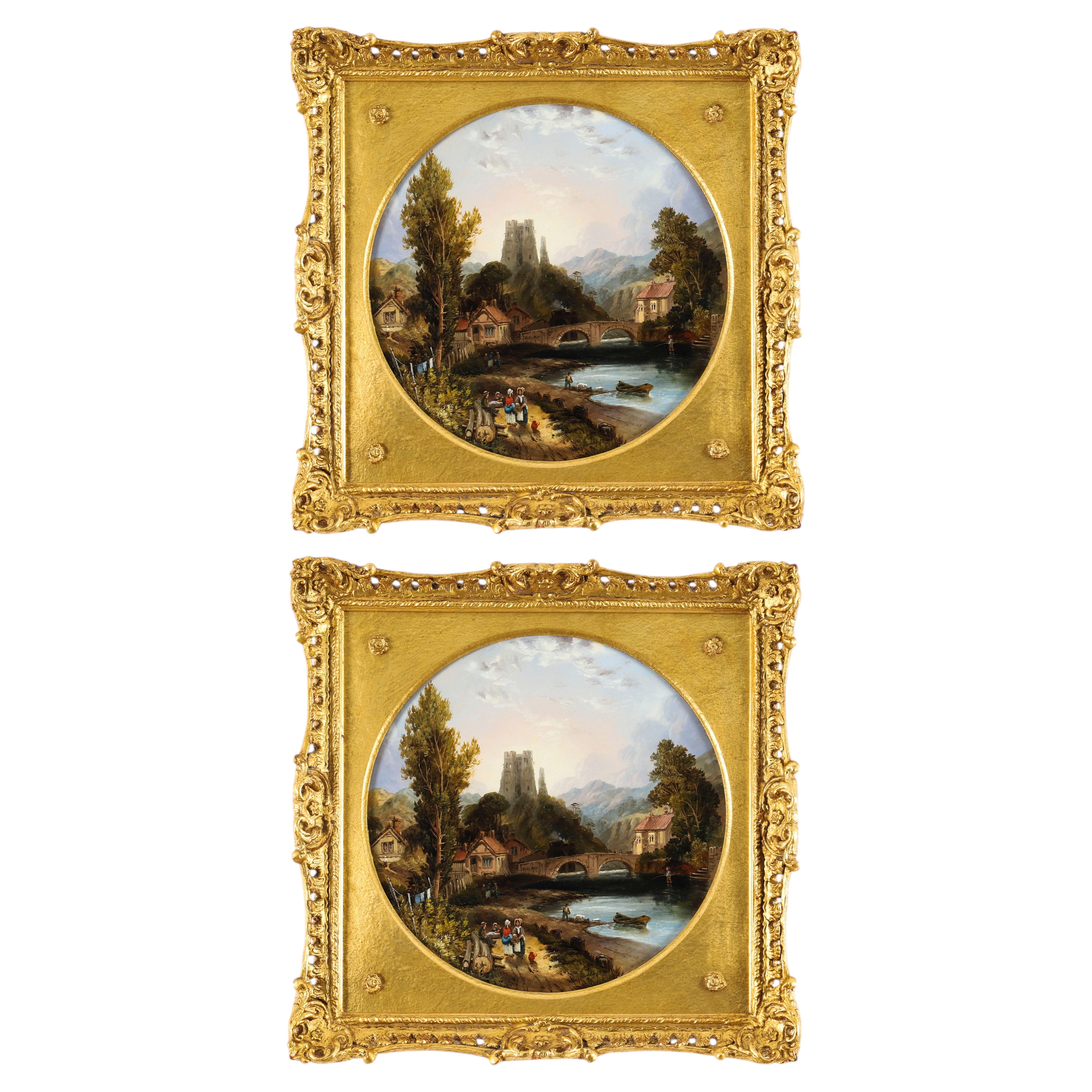 Antique Pair Oil on Board Tondo Landscape Paintings John Bell Mid 19th Century
