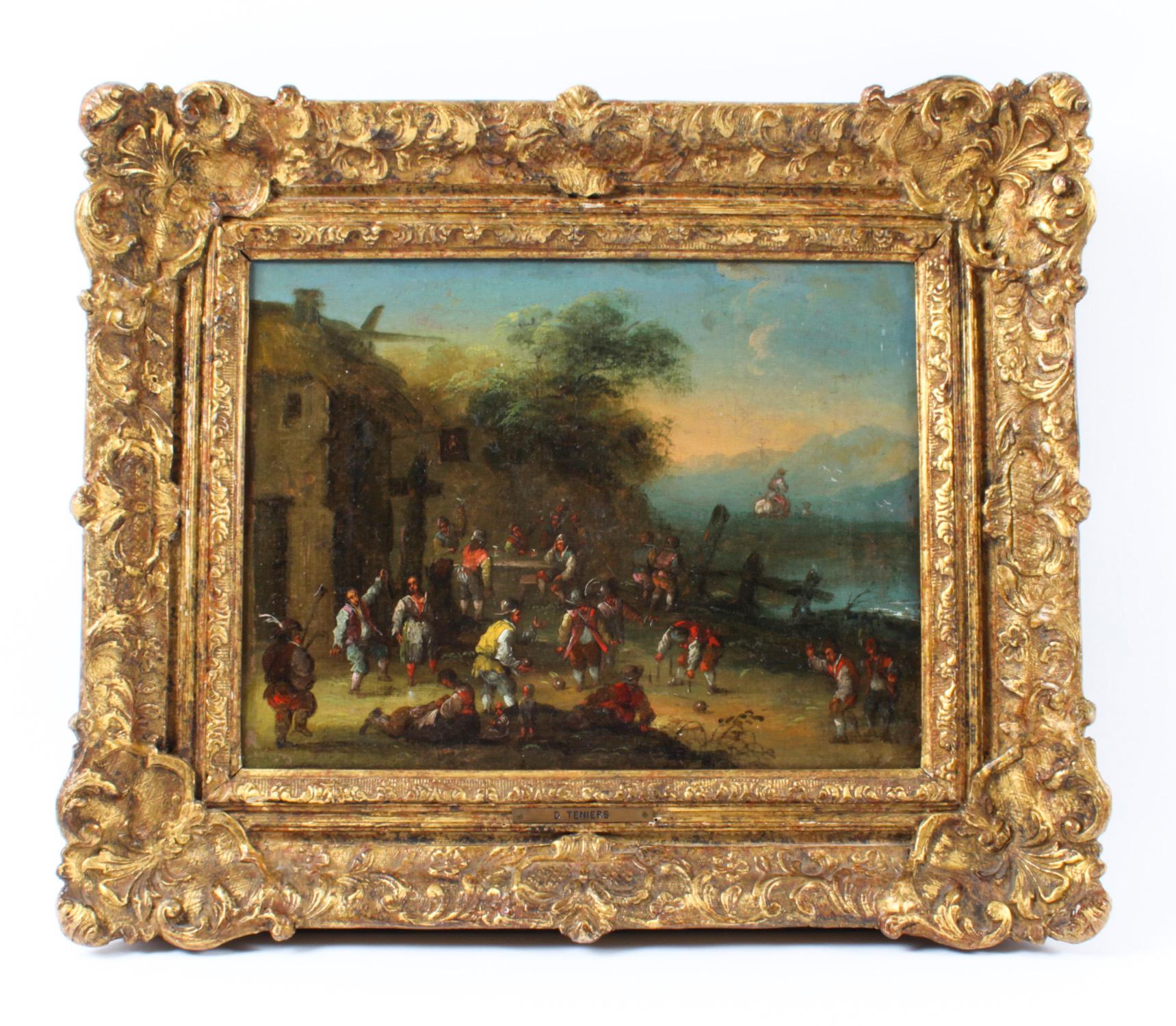 Antique Pair Oil on Canvas Paintings After David Teniers 18th C 5
