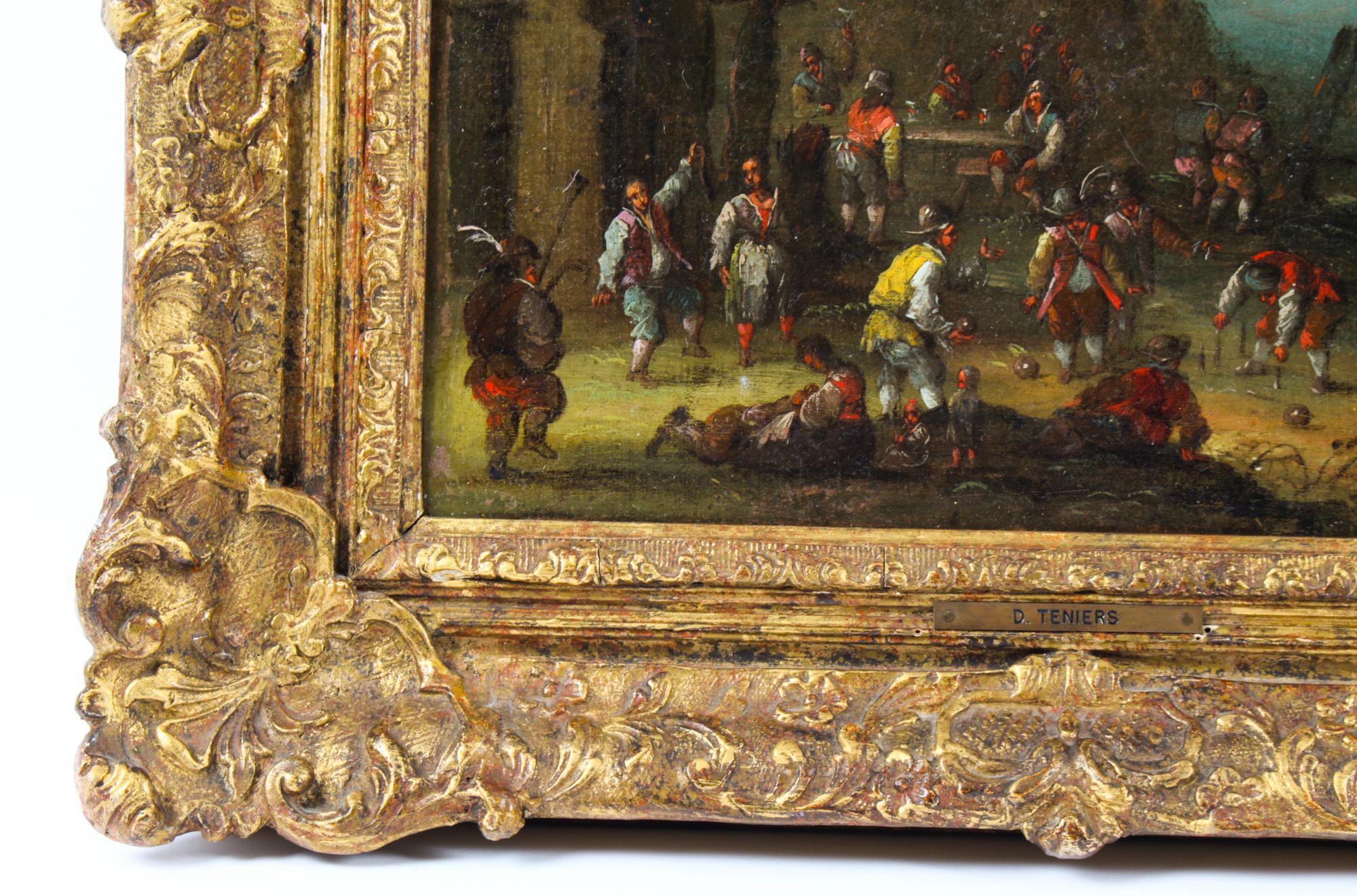 Antique Pair Oil on Canvas Paintings After David Teniers 18th C 11