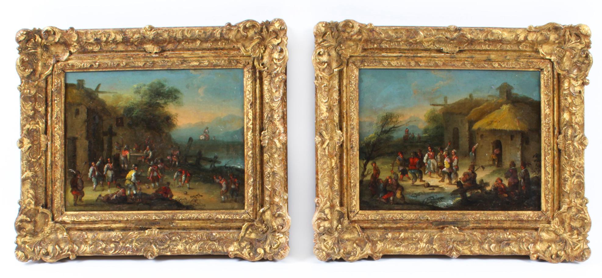 A lovely pair of Flemish oil on board framed paintings in the Manner of David Teniers, late 18th century in date.
The paintings delightfully present two compositions with Musketeers and townfolk in period costumes merrymaking outside a tavern in a