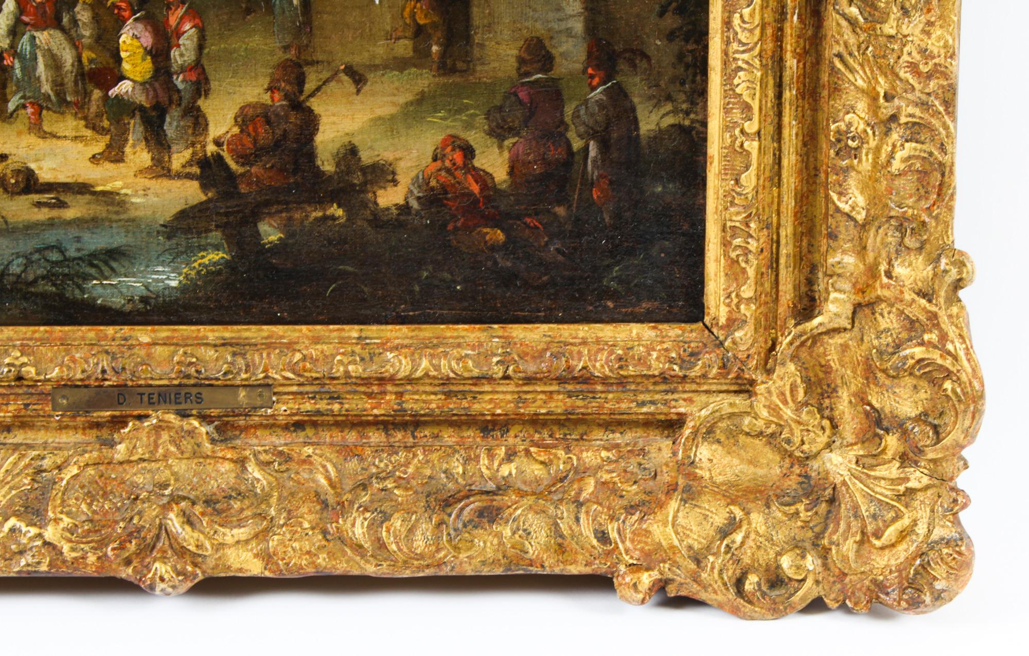 Antique Pair Oil on Canvas Paintings After David Teniers 18th C 1