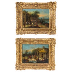 Antique Pair Oil on Canvas Paintings After David Teniers 18th C