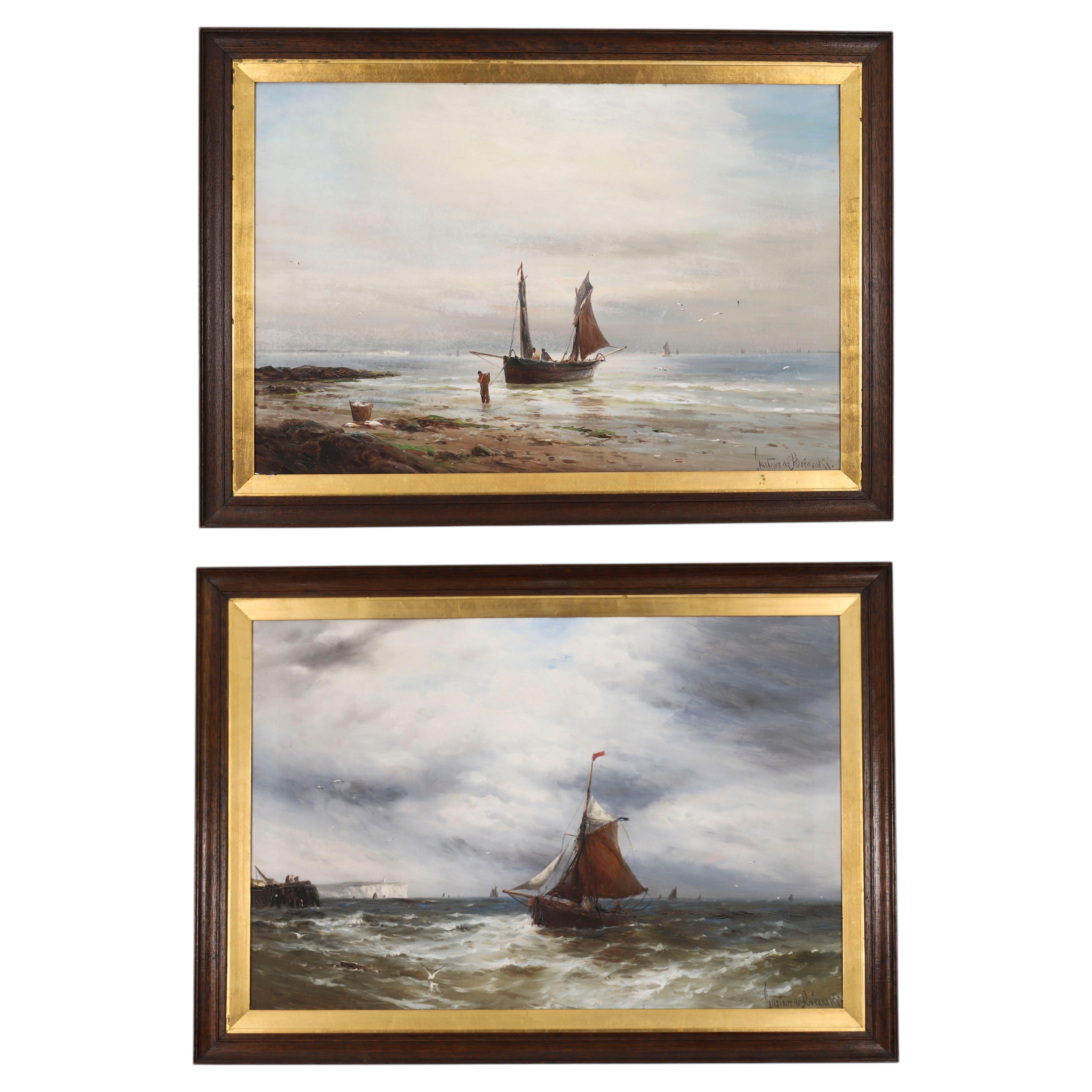 Antique Pair Oil On Canvas Seascape Paintings Gustave De Bréanski 19th Century For Sale